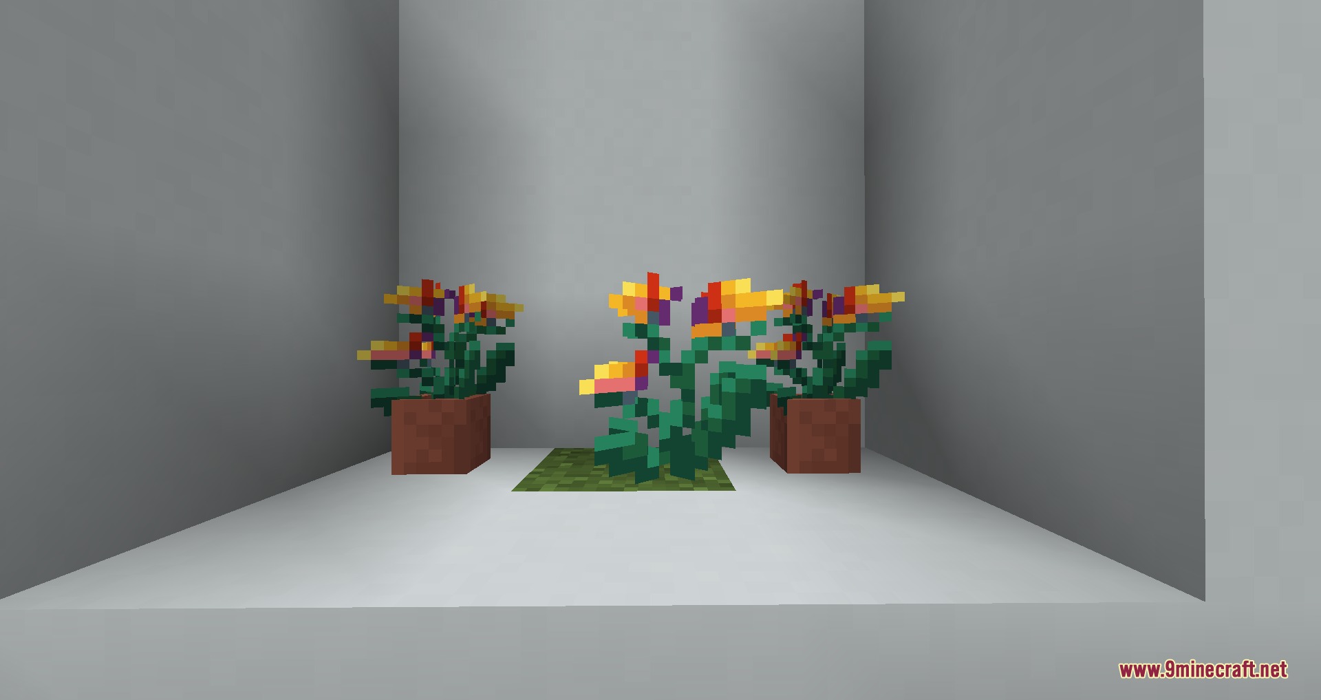 Gothiclily's Flower Pack Resource Pack Screenshot 2 Three colorful torch flowers displayed with flower pots on a clean white surface