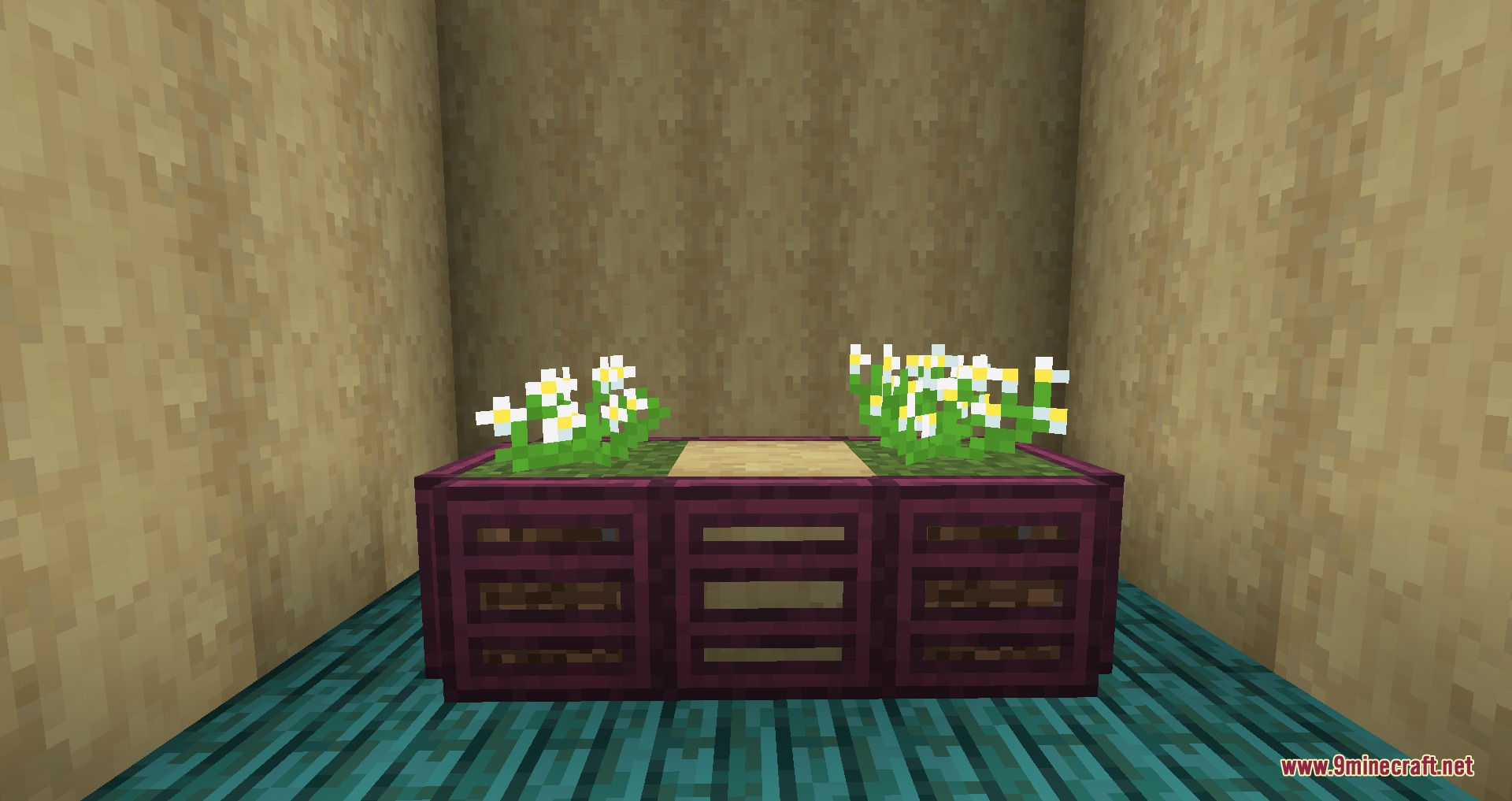 Gothiclily's Flower Pack Resource Pack Screenshot 3 Two clusters of white daisies on a custom purple crafting table in Minecraft