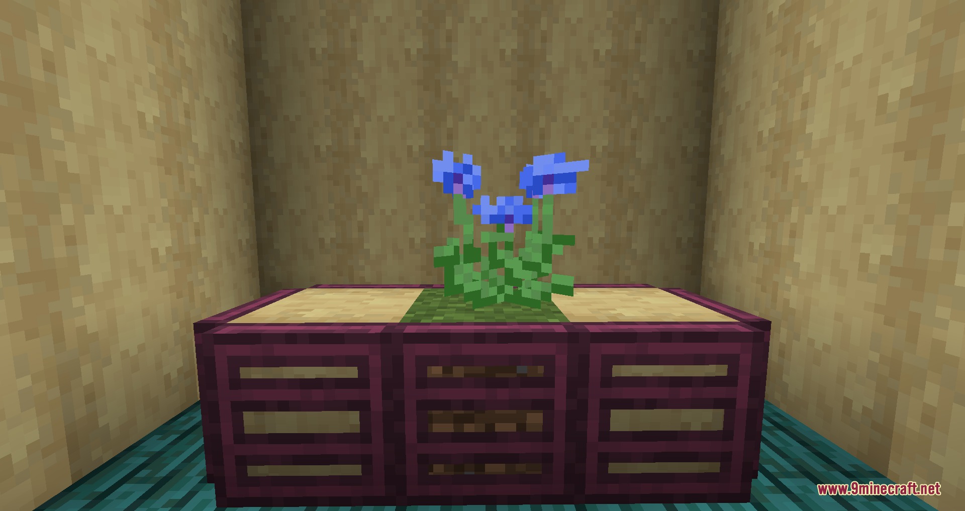 Gothiclily's Flower Pack Resource Pack Screenshot 4 A single blue orchid plant on a custom purple crafting table in Minecraft