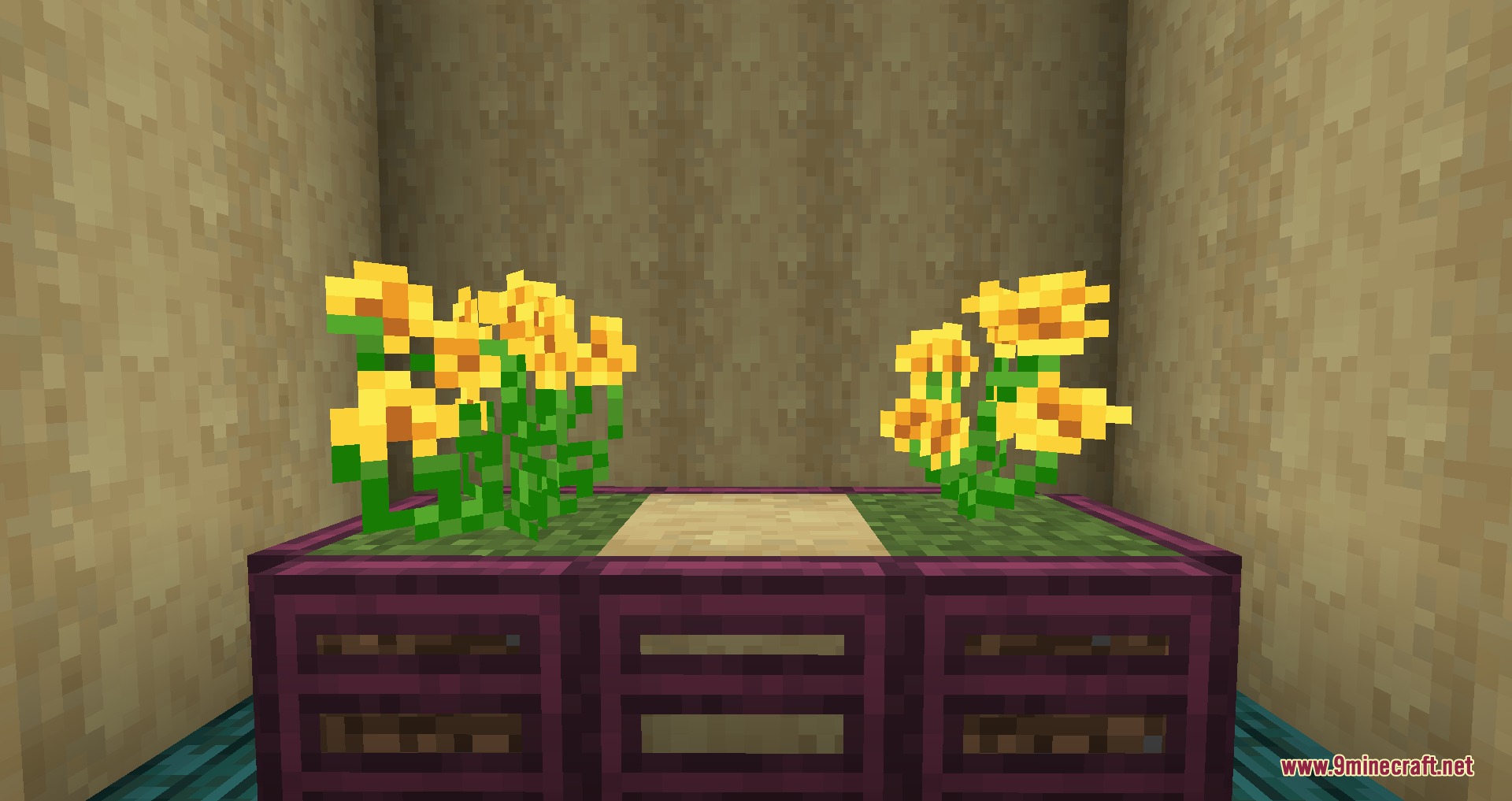 Gothiclily's Flower Pack Resource Pack Screenshot 5 Two yellow flowers displayed on a custom purple wooden crafting table