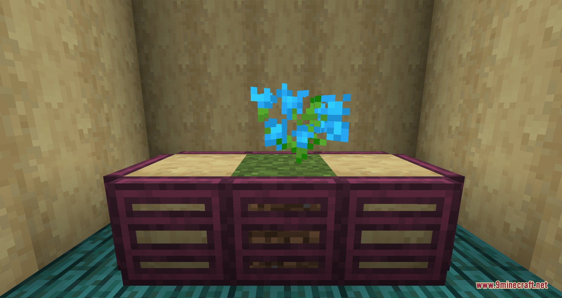 Gothiclily's Flower Pack Resource Pack Screenshot 6 A blue orchid flower sitting on a purple wooden crafting table