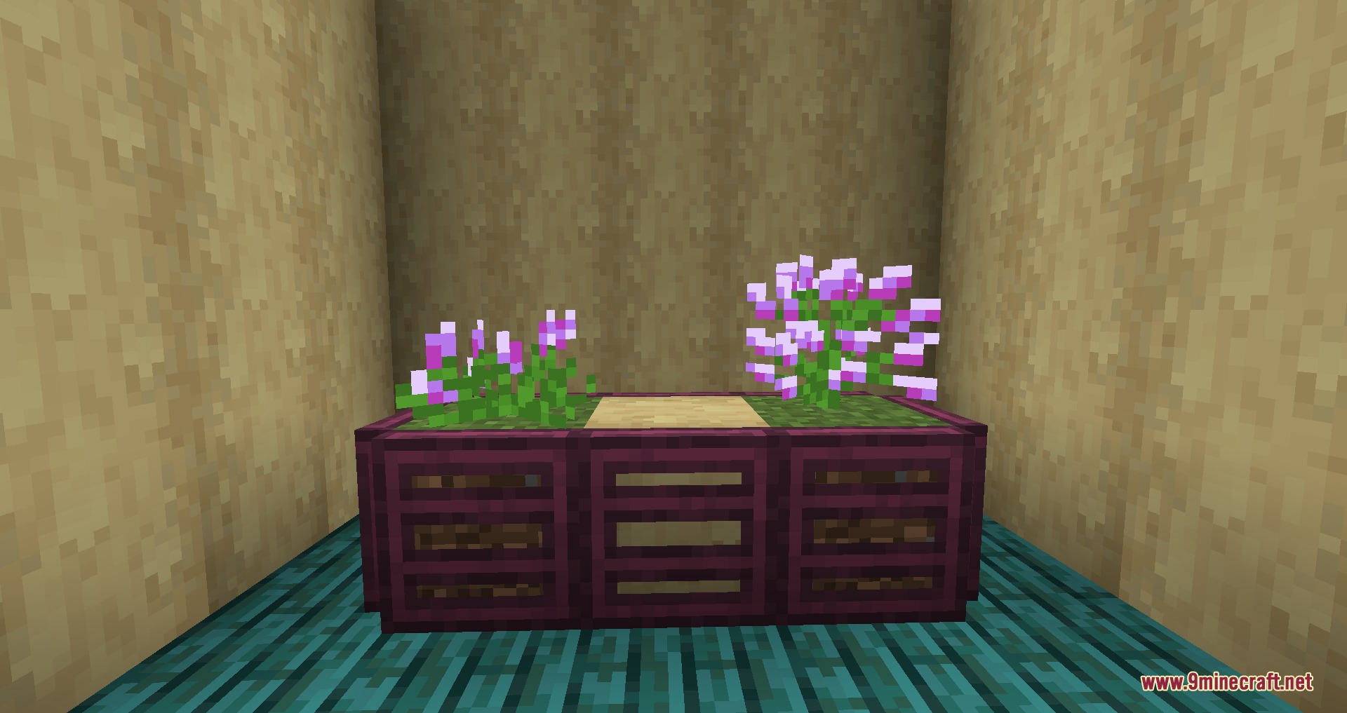 Gothiclily's Flower Pack Resource Pack Screenshot 8 Two purple flowering bushes placed on a decorative purple wooden crafting table