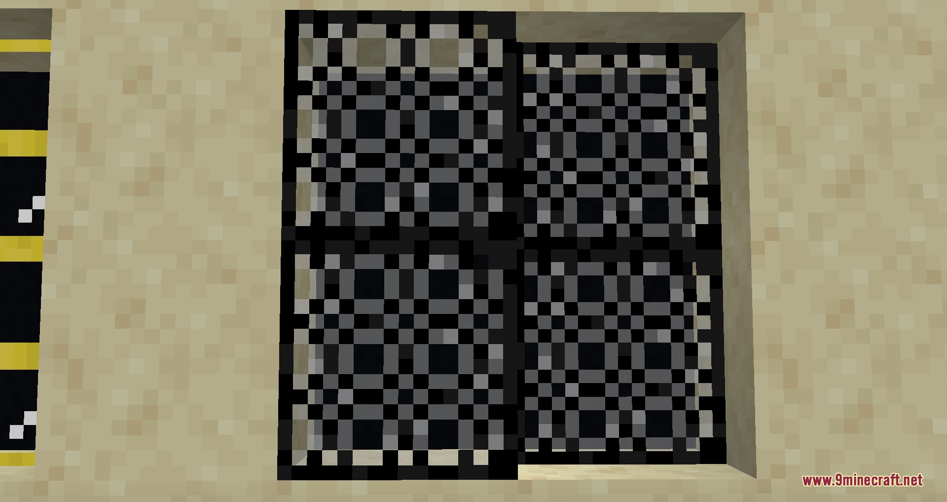 Gothiclily's Glass Pack Resource Pack Screenshot 1 Dark patterned stained glass blocks installed within a light colored sandstone wall