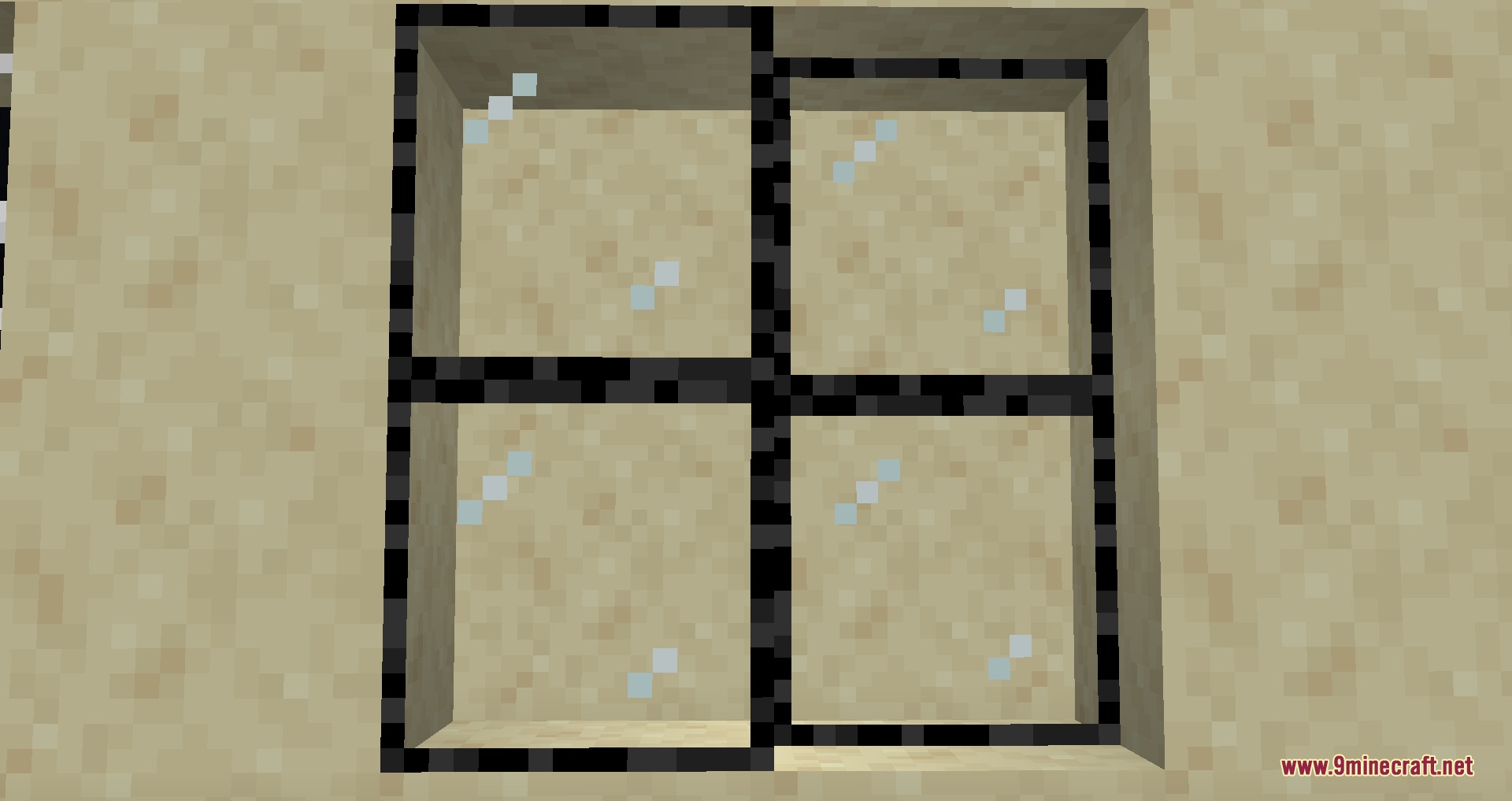 Gothiclily's Glass Pack Resource Pack Screenshot 2 Clear glass panes with dark decorative frames set into a sandstone wall