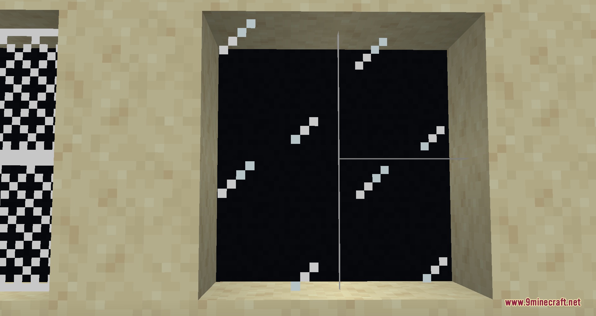 Gothiclily's Glass Pack Resource Pack Screenshot 3 Black stained glass panes with white glints installed in a sandstone wall