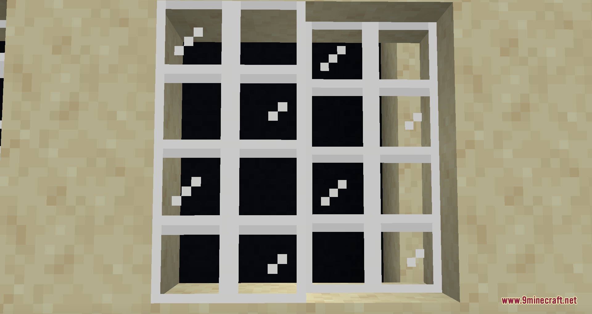 Gothiclily's Glass Pack Resource Pack Screenshot 4 Black stained glass panes with a white grid pattern in a sandstone wall