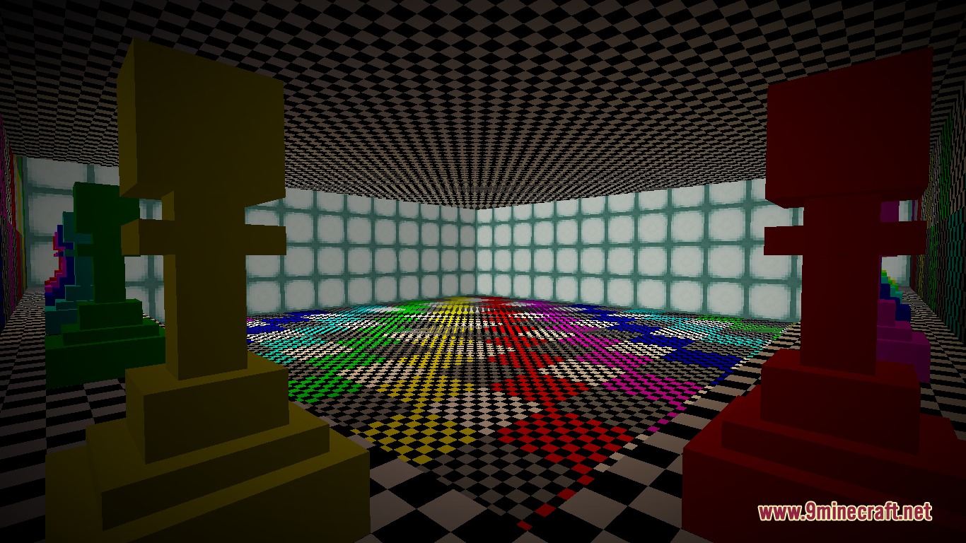 Grandmaster's Gambit Mod Screenshot 4 Large colorful chess pawns stand inside a room with checkered floors and ceilings