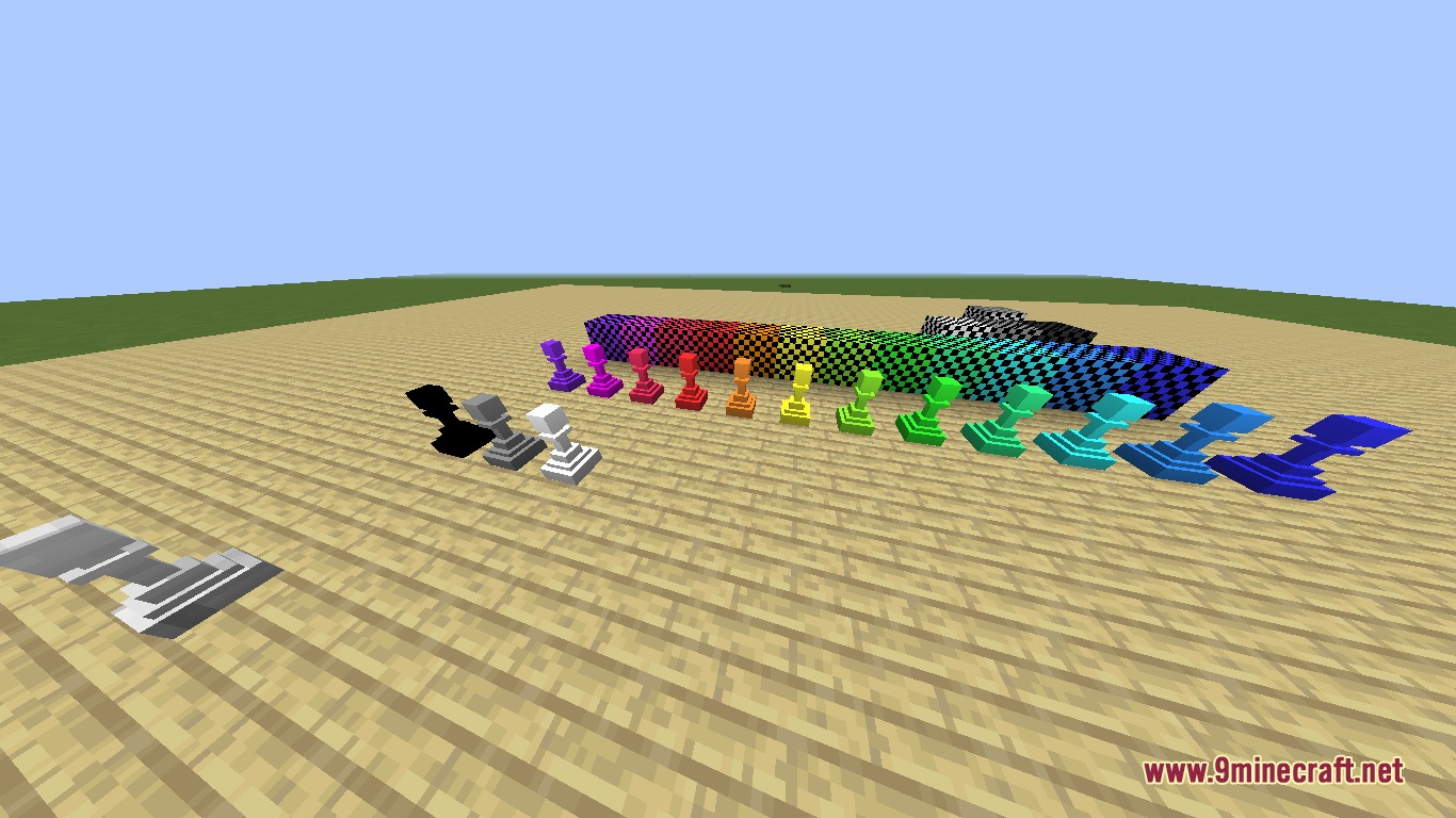 Grandmaster's Gambit Mod Screenshot 7 Various colorful chess pawns and checkered blocks placed on a wooden plank floor
