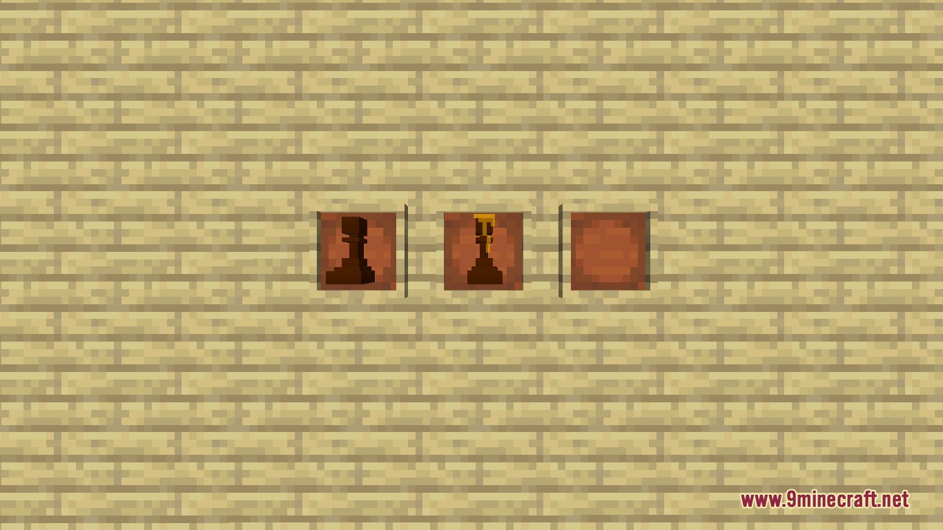 Grandmaster's Gambit Mod Screenshot 8 Three item frames displaying different chess pawn variants on a wooden plank wall