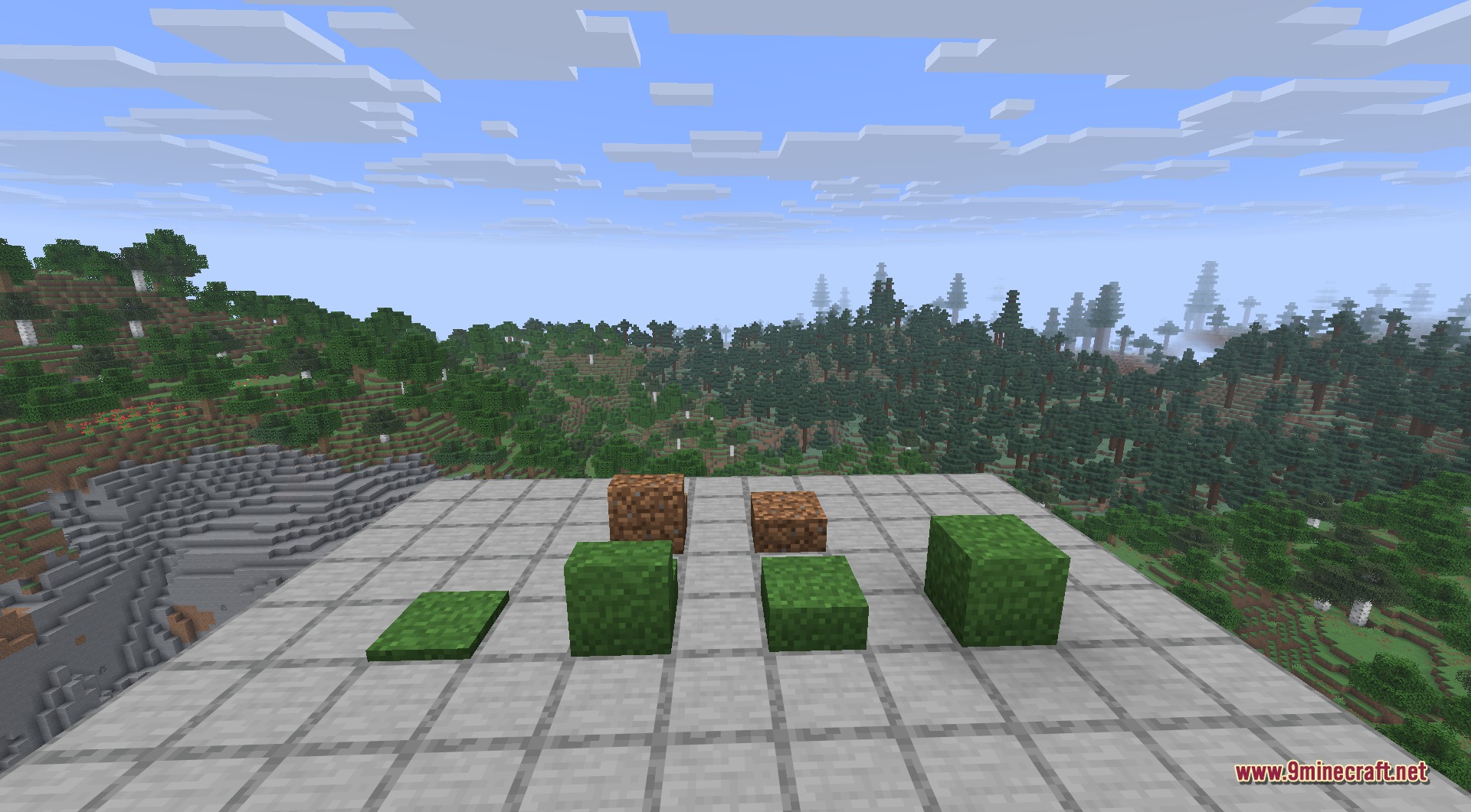 Various grass and dirt blocks of different heights on a stone platform