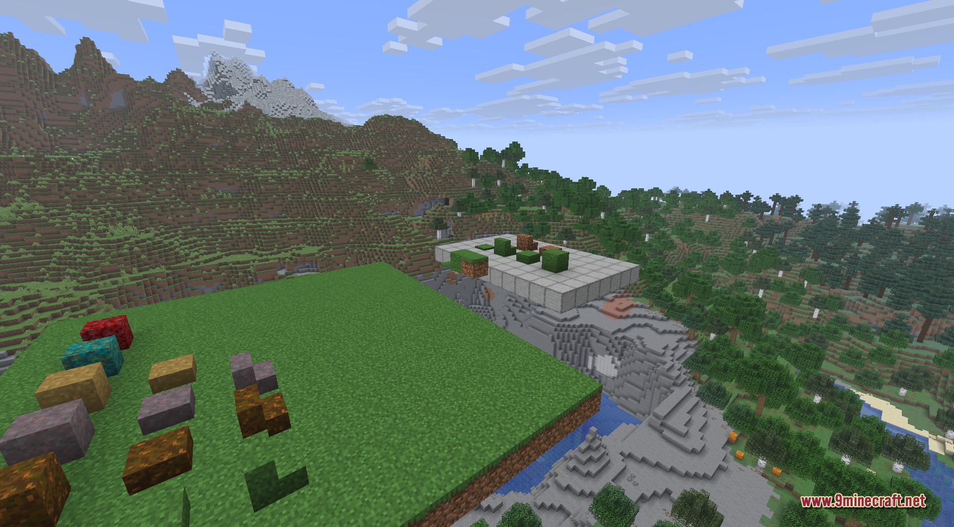 Floating platforms displaying various decorative grass and dirt blocks in a landscape