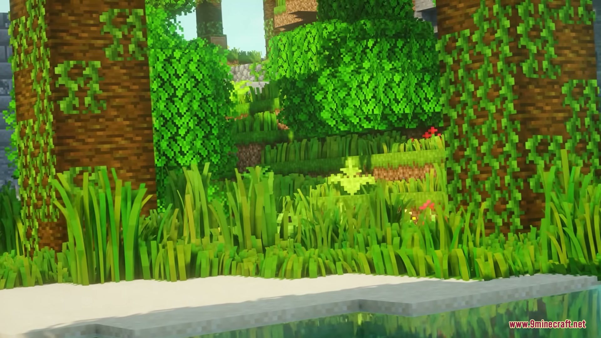 Grassier Grass Mod Screenshot 2 Lush green grass and vines growing near the edge of a clear pond