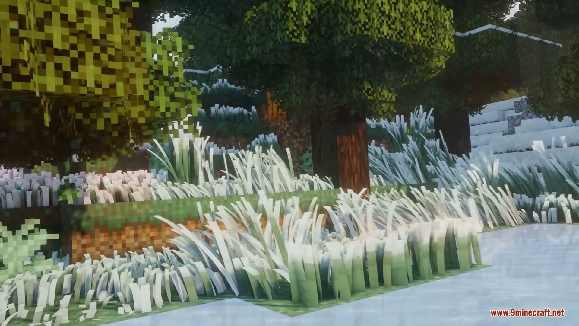 Grassier Grass Mod Screenshot 3 Tall white blades of grass swaying near trees in a snowy landscape