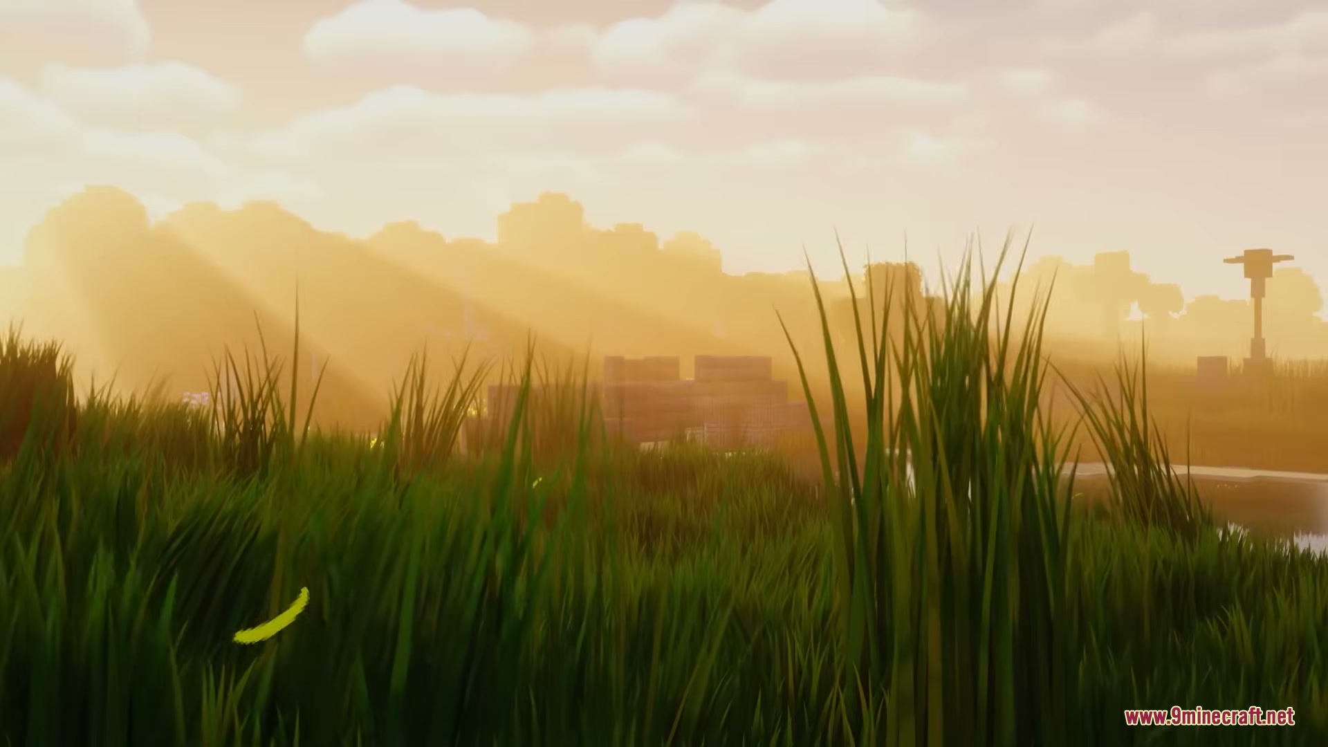 Grassier Grass Mod Screenshot 9 Tall green grass sways in the golden light of a Minecraft sunset