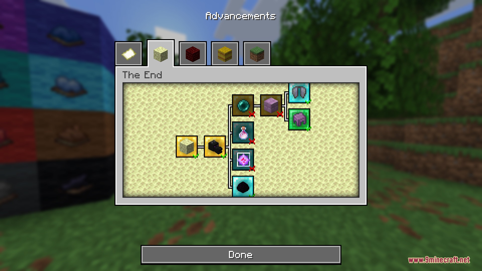 Gravel GUI Resource Pack Screenshot 6 Advancements menu for The End dimension with a refreshed visual layout