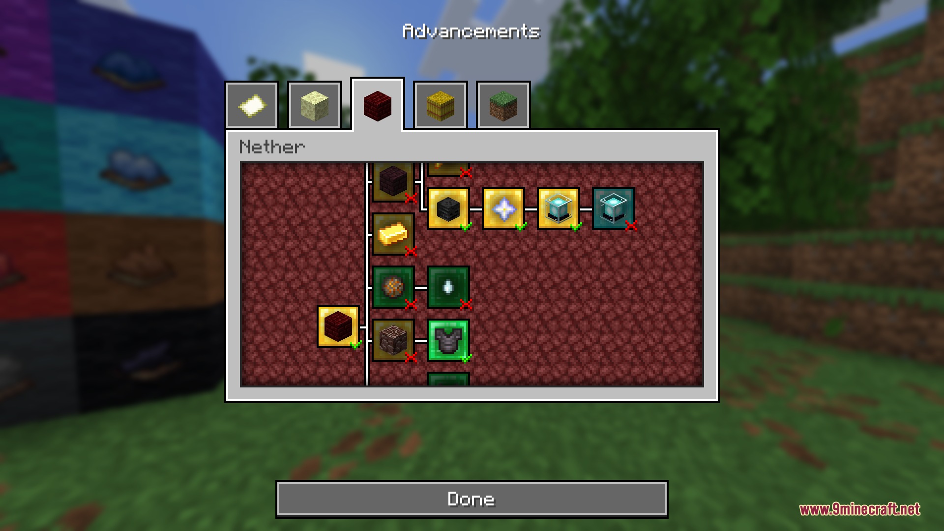 Gravel GUI Resource Pack Screenshot 8 The Nether advancements tree with a neat frame and clear item icons