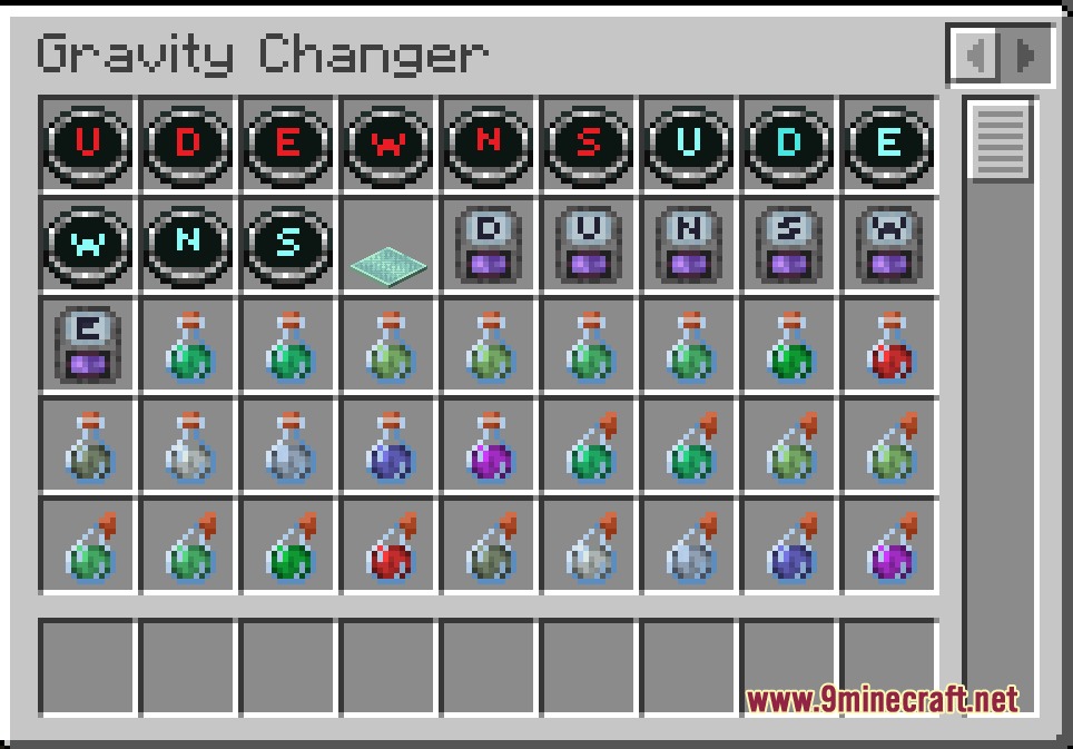 Gravity Changer Unofficial Port Mod Screenshot 1 Inventory menu showing directional compasses and potions from Gravity Changer mod