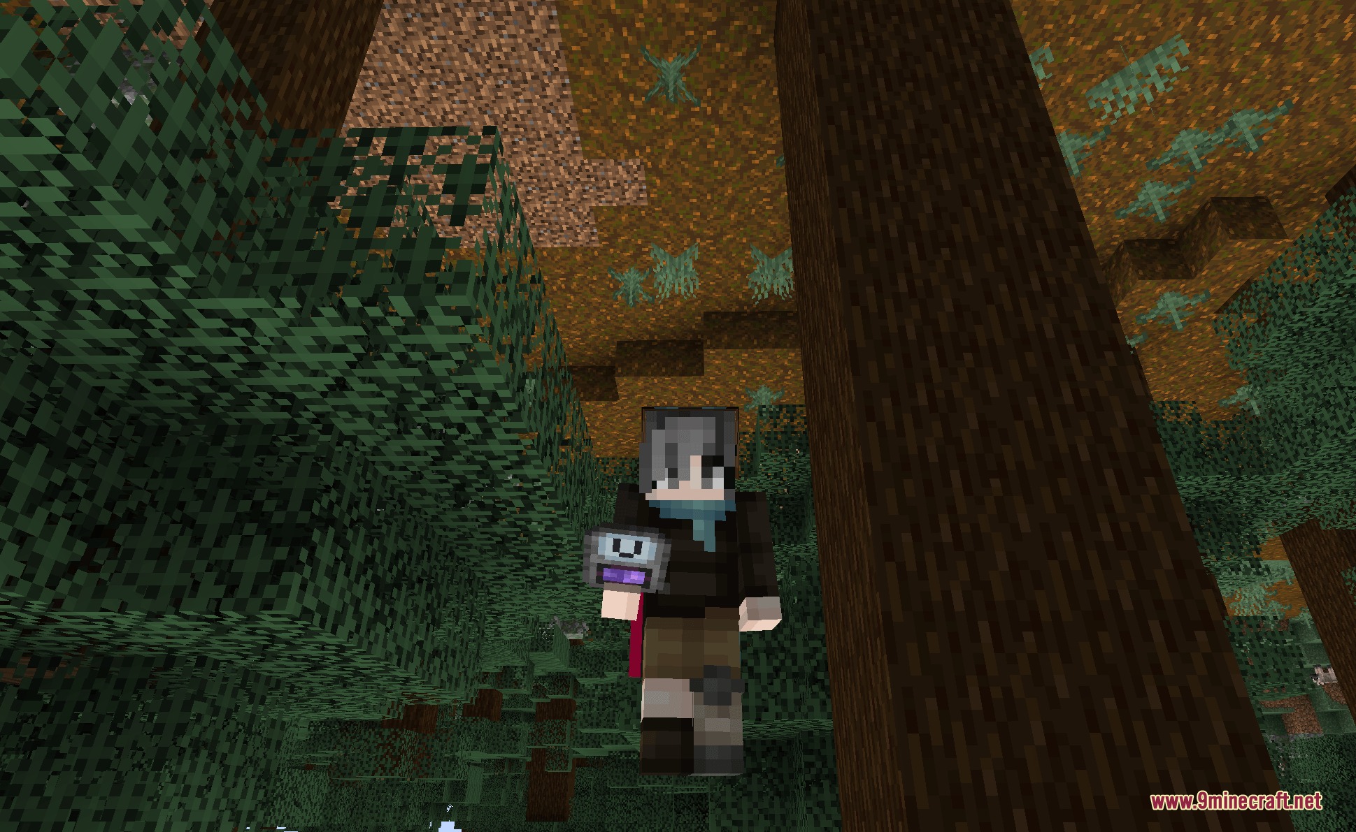 Gravity Changer Unofficial Port Mod Screenshot 2 Minecraft player walking on the ceiling of a forest using gravity