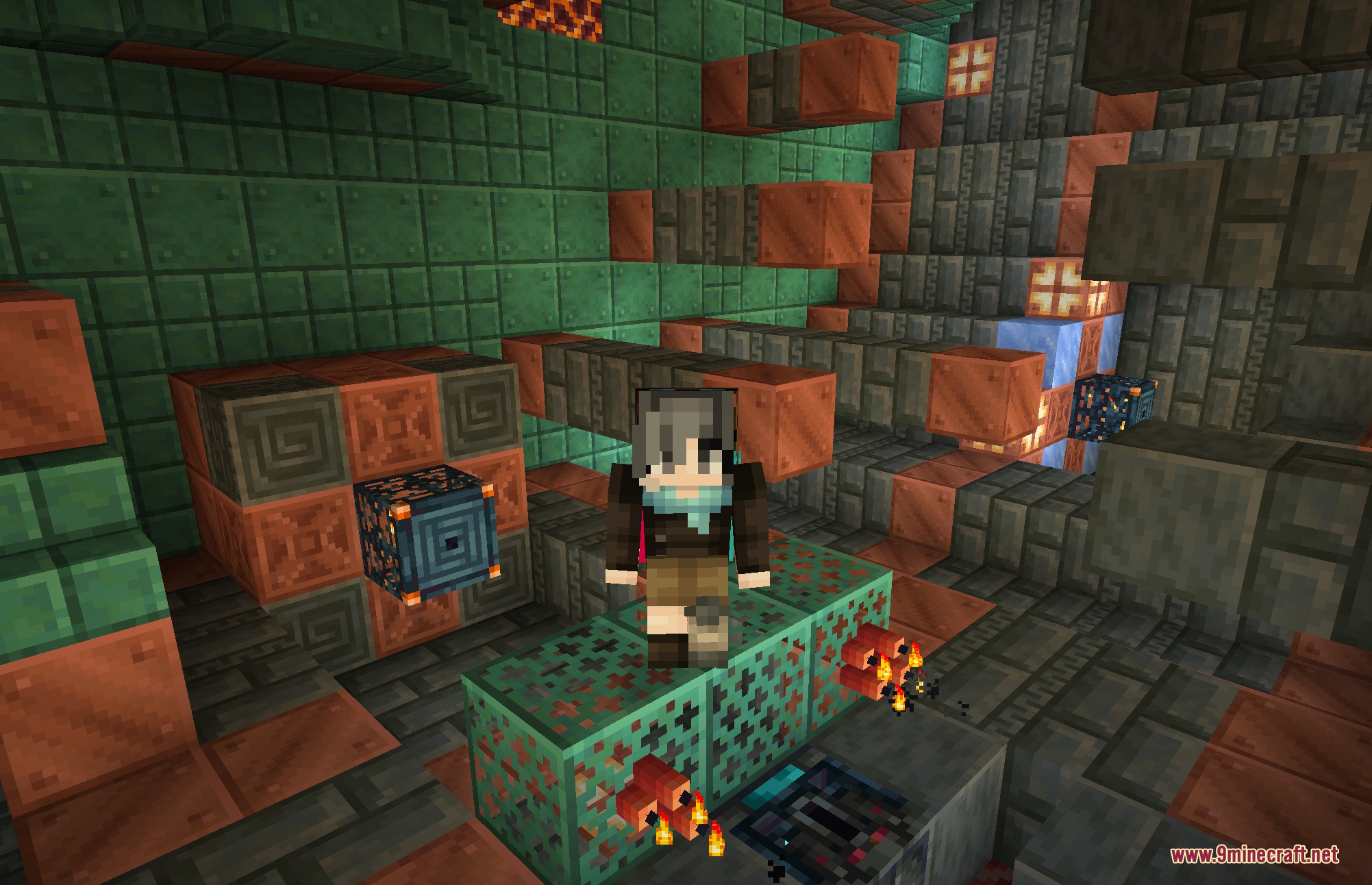 Gravity Changer Unofficial Port Mod Screenshot 3 A player stands sideways on a wall inside a copper trial chamber structure