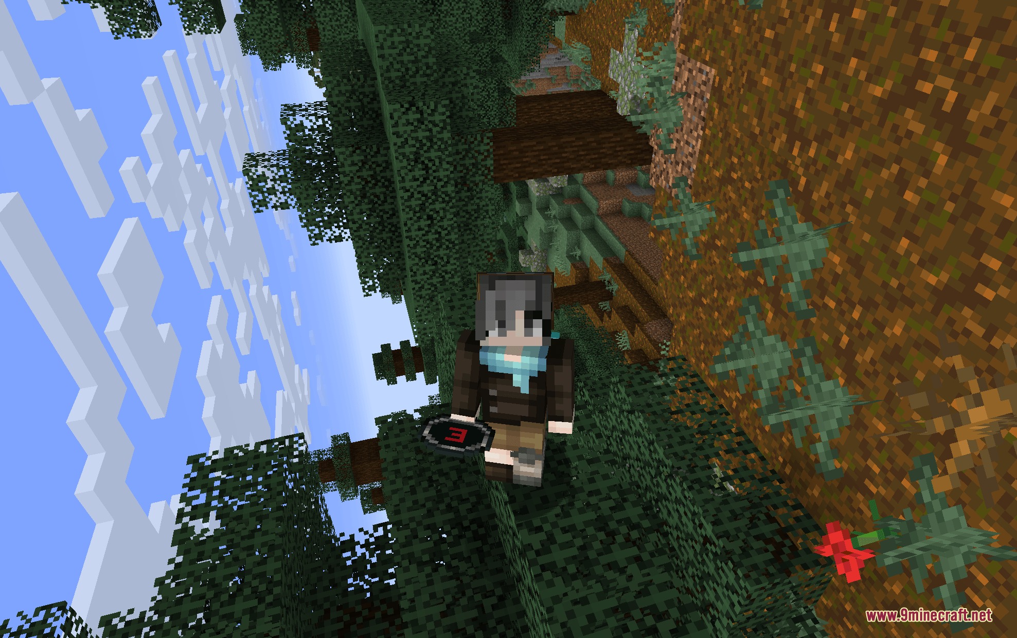Gravity Changer Unofficial Port Mod Screenshot 4 Minecraft character standing sideways on a cliff while holding a gravity changer item