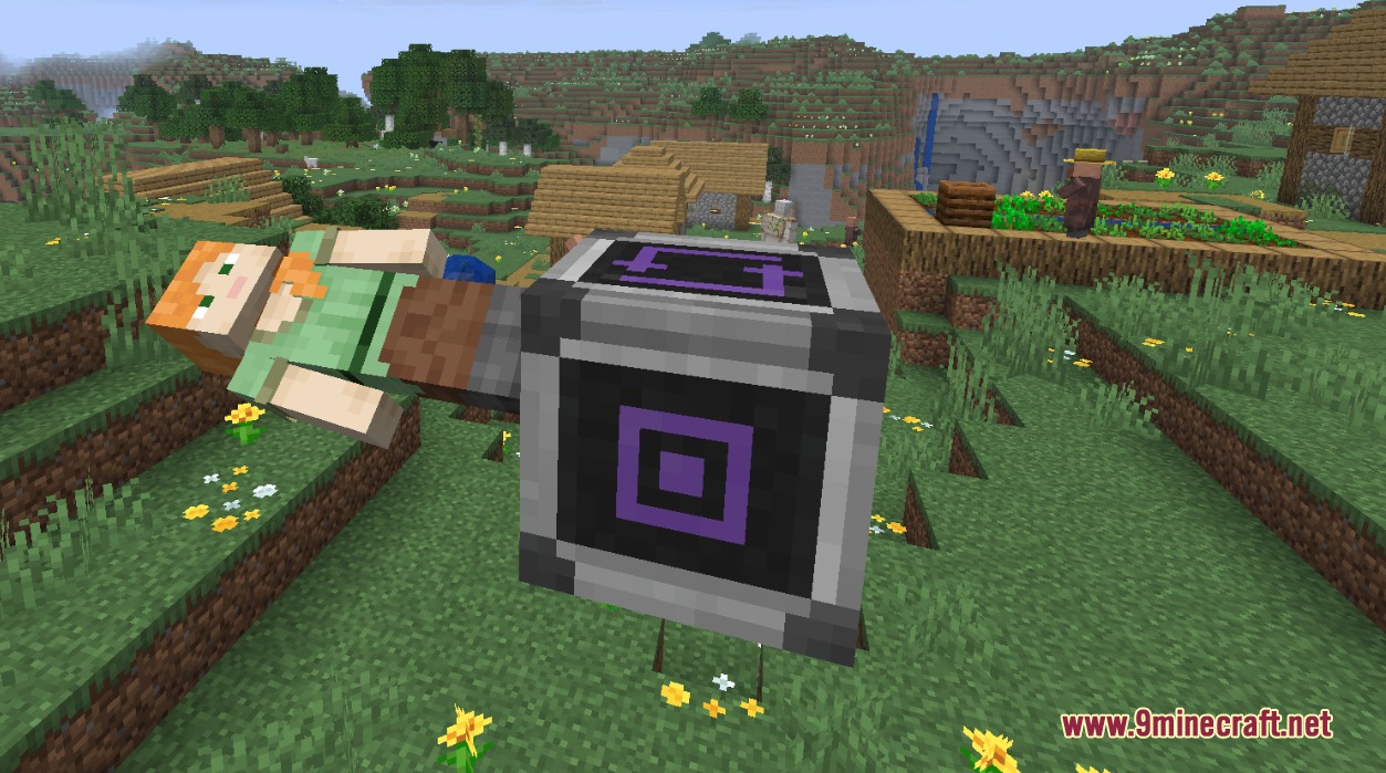 Gravity Changer Unofficial Port Mod Screenshot 6 Player character experiencing shifted gravity next to a Gravity Core block in a village