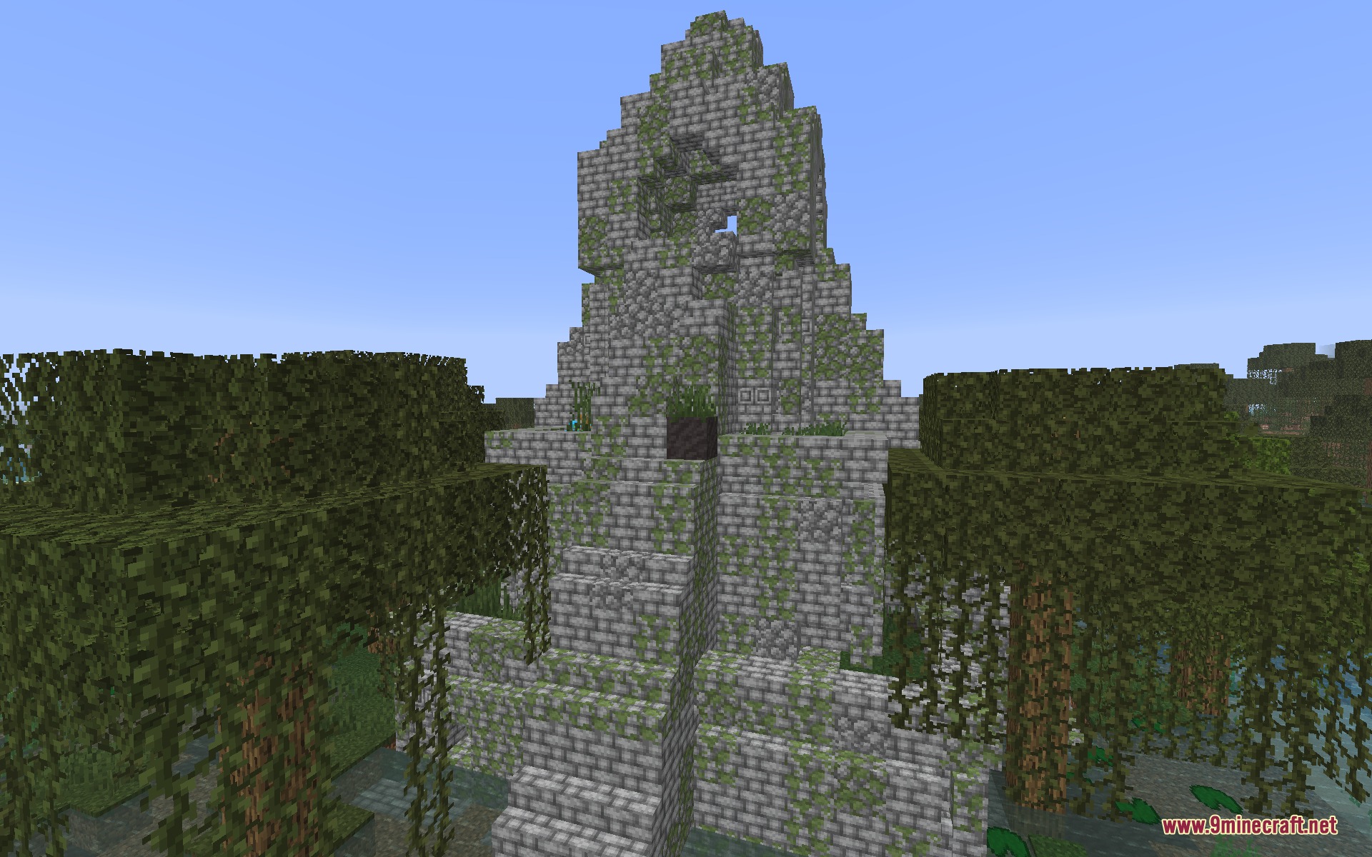 A mossy stone swamp temple stands tall in a dense forest
