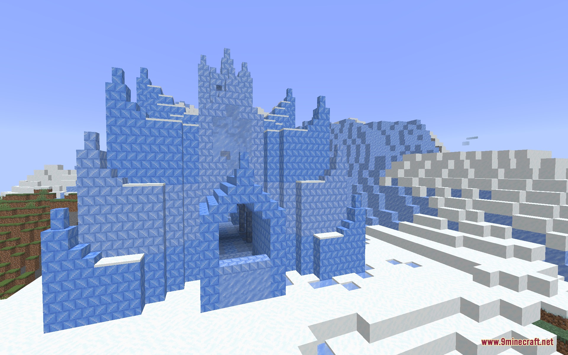 A large ice temple structure built in a snowy mountain biome