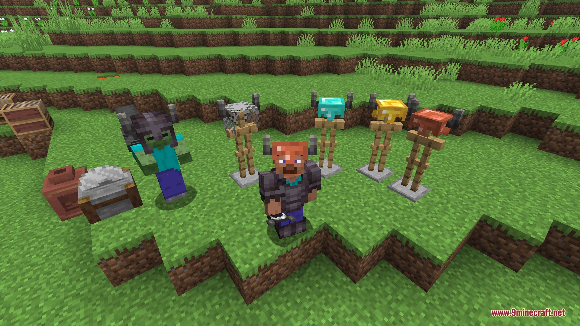 A player and zombie standing near armor stands displaying unique horned helmet designs