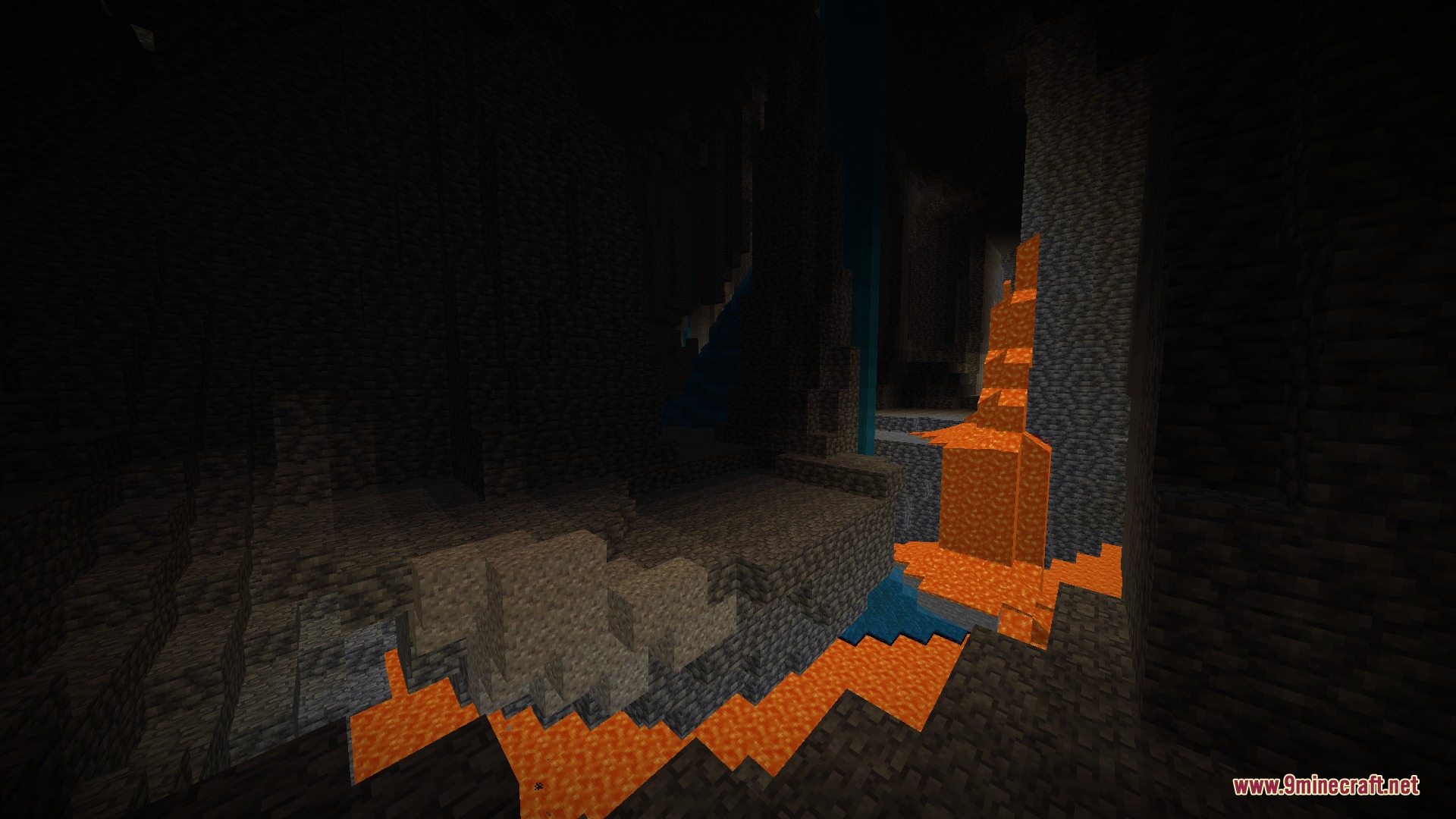 Deep underground cave system with lava falls and water pools in the darkness