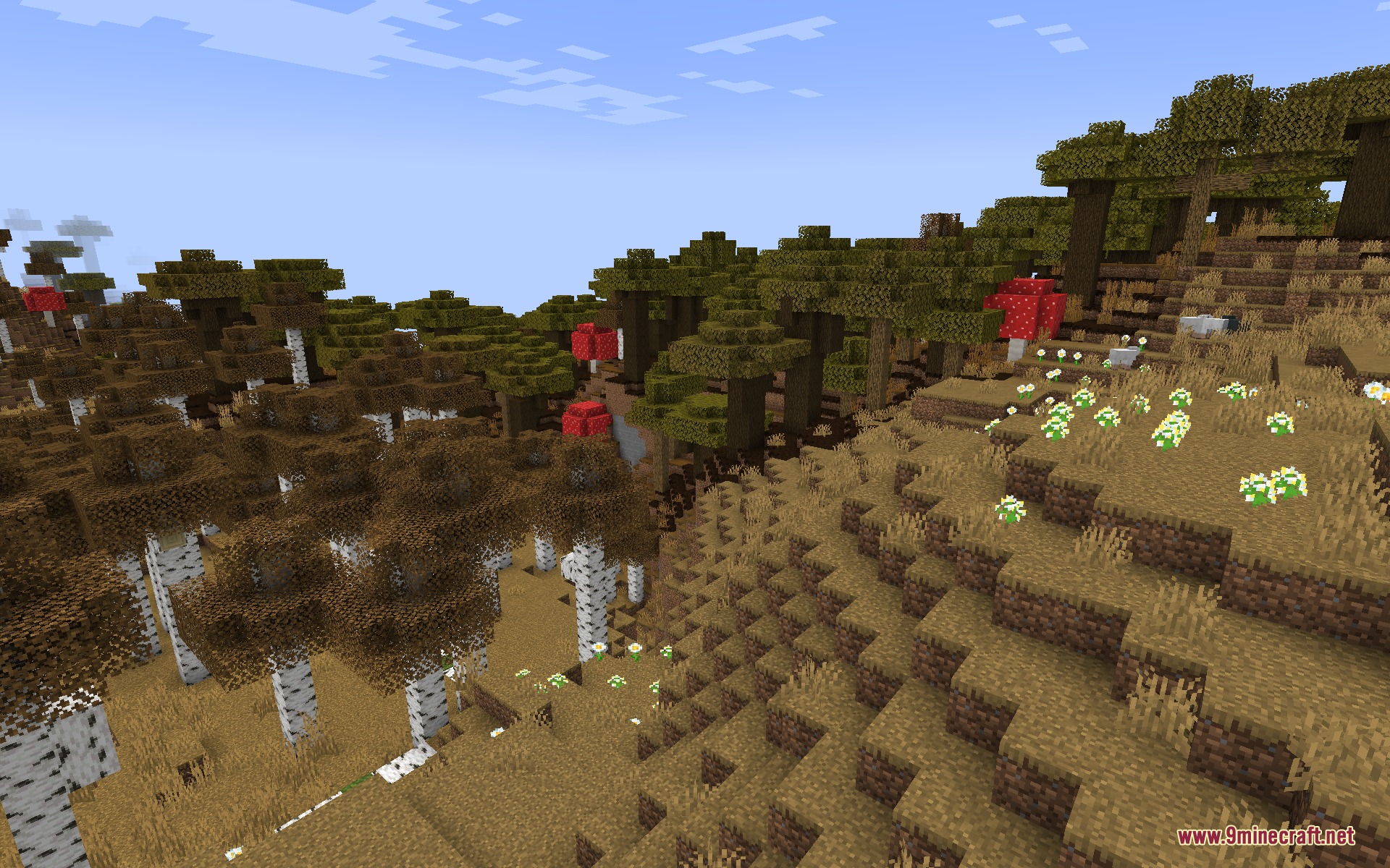 Autumnal Minecraft landscape with brown birch trees and scattered red mushrooms