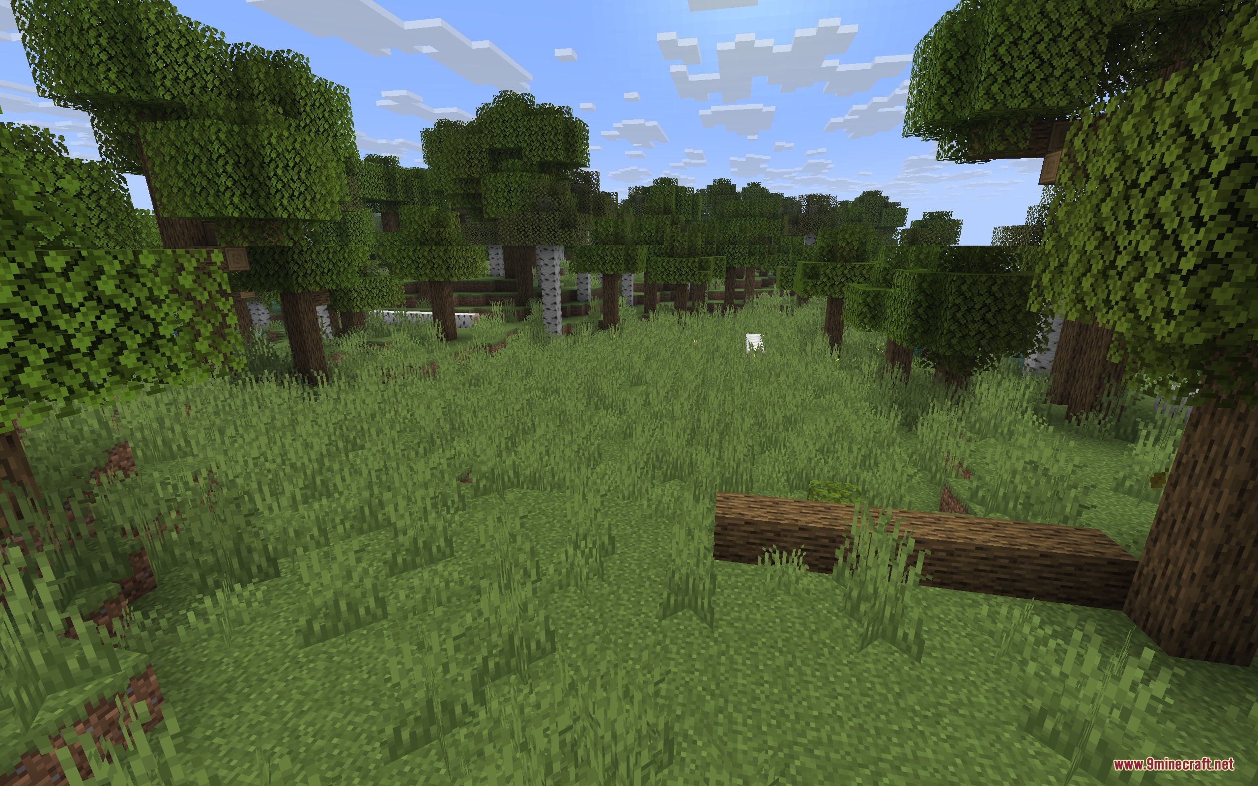 Lush green Minecraft forest clearing featuring a fallen log and trees