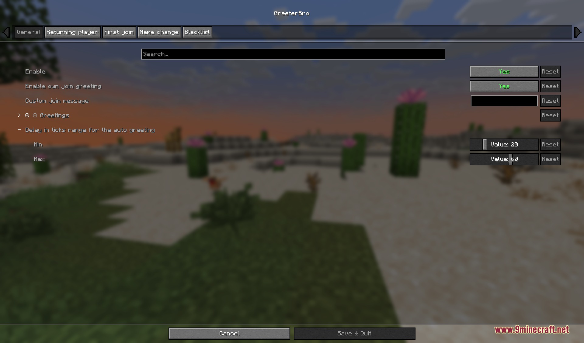 General settings menu for the Greeter Bro mod featuring various greeting options