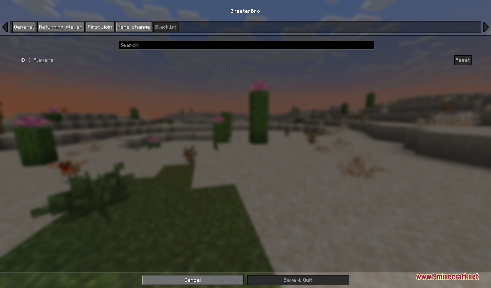 The Greeter Bro Mod configuration menu with tabs for different player greetings