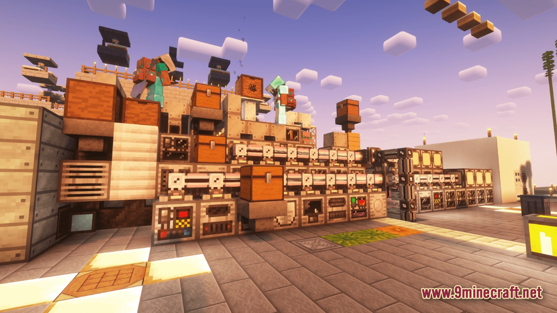 Players standing atop a complex industrial machinery line featuring GregTech blocks, chests, and automated piping