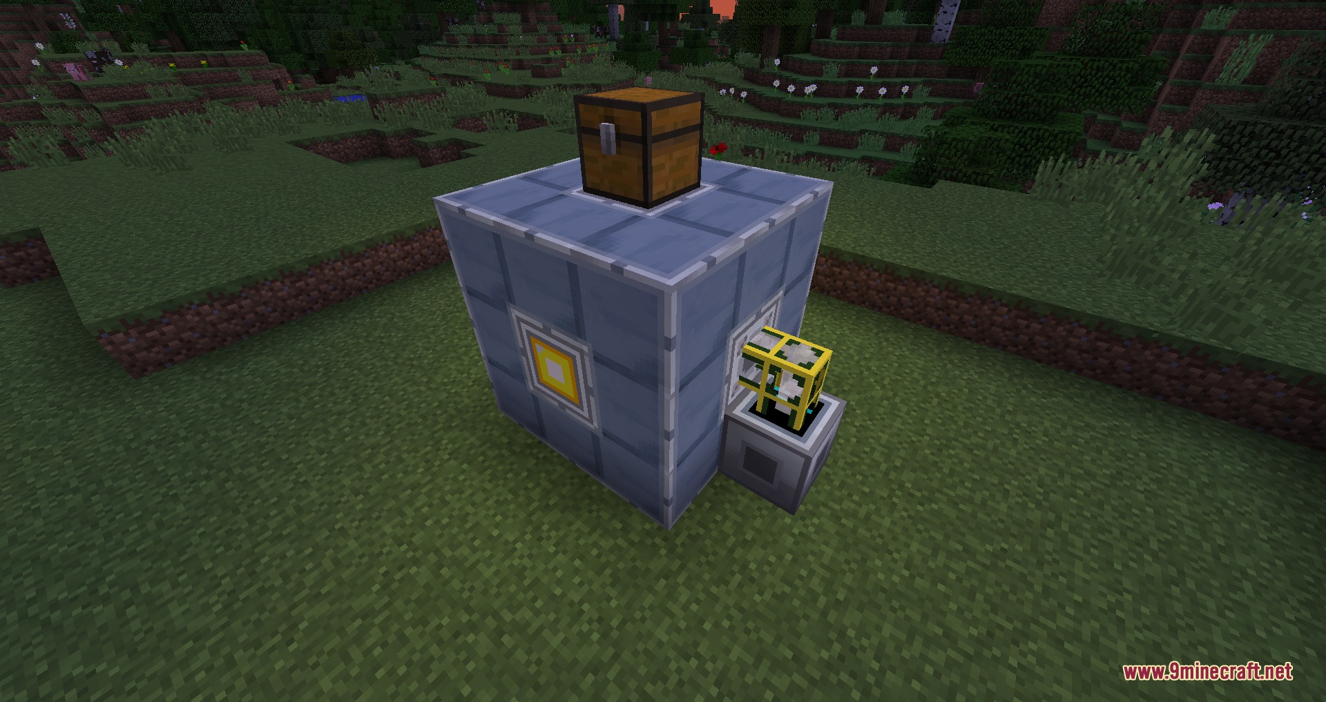 A massive multiblock machine processing items with a chest and yellow pipe