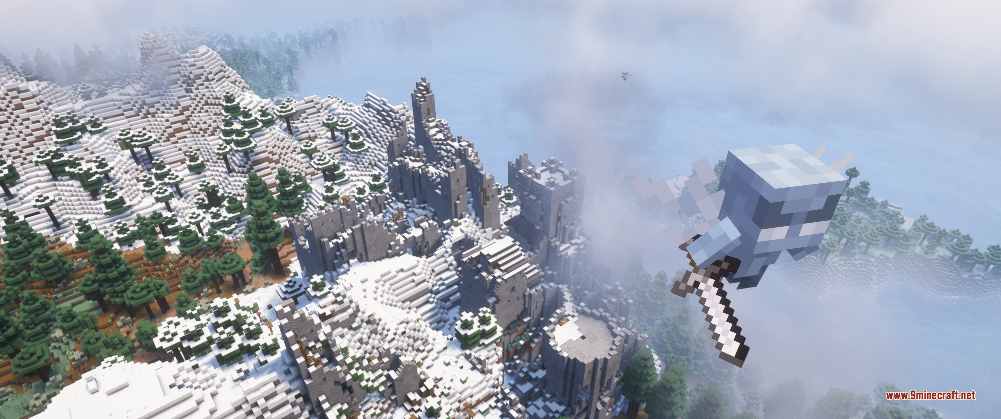 Grim Kingdoms Structures & Ruins Data Pack Screenshot 2 Ghostly knight flying over a snowy mountain range filled with ancient stone ruins