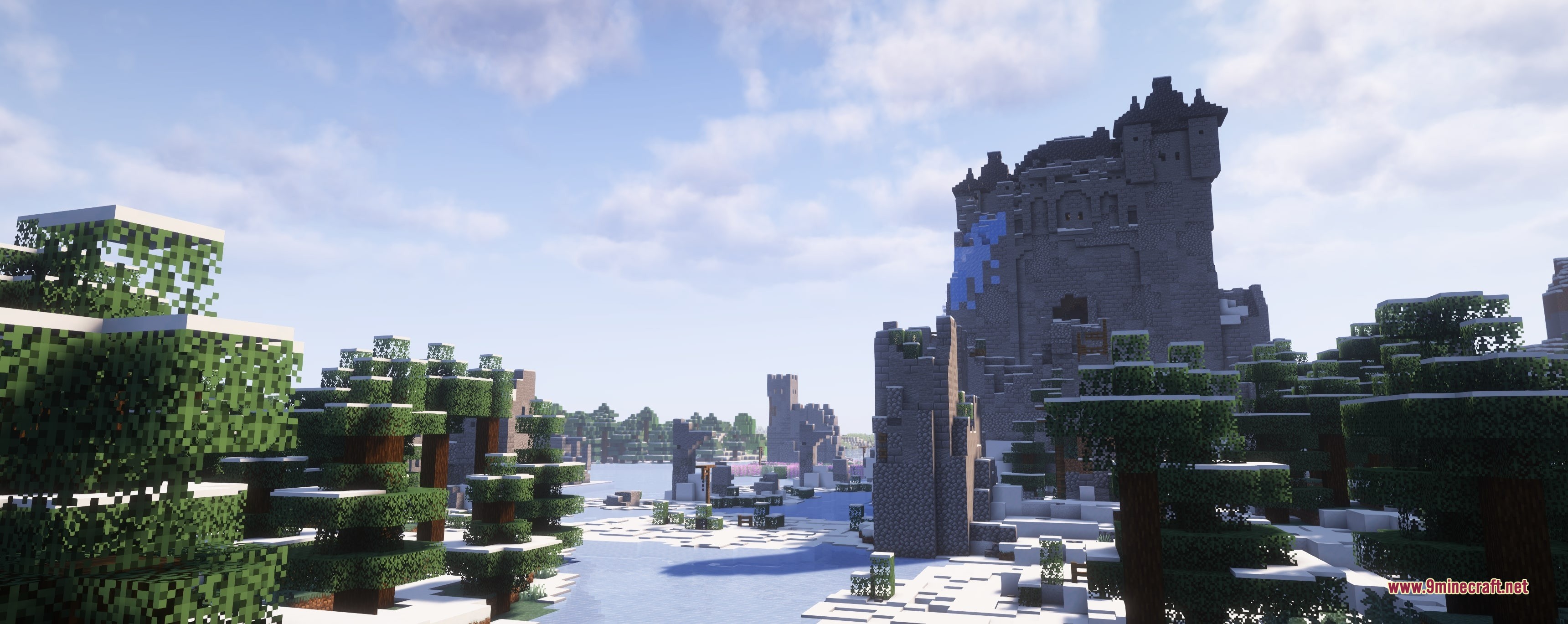 Grim Kingdoms Structures & Ruins Data Pack Screenshot 3 A massive stone castle overlooks a frozen lake in a snowy biome