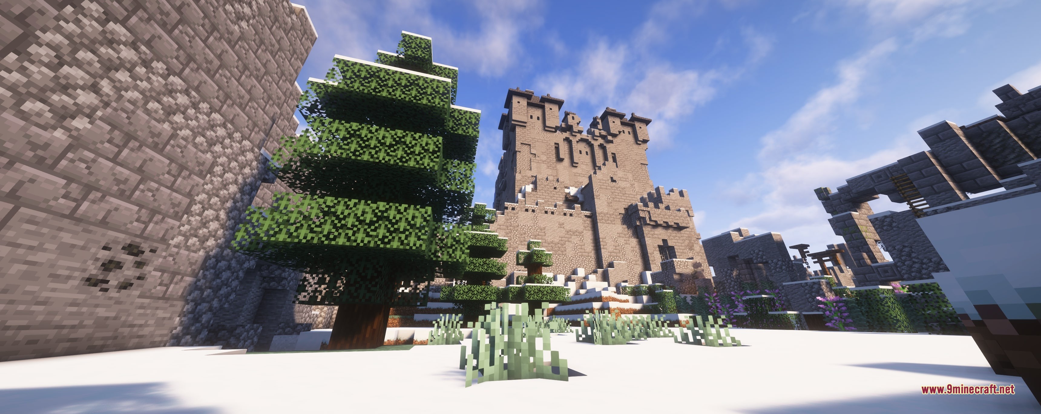 Grim Kingdoms Structures & Ruins Data Pack Screenshot 4 A tall medieval stone tower rises above a snowy spruce forest