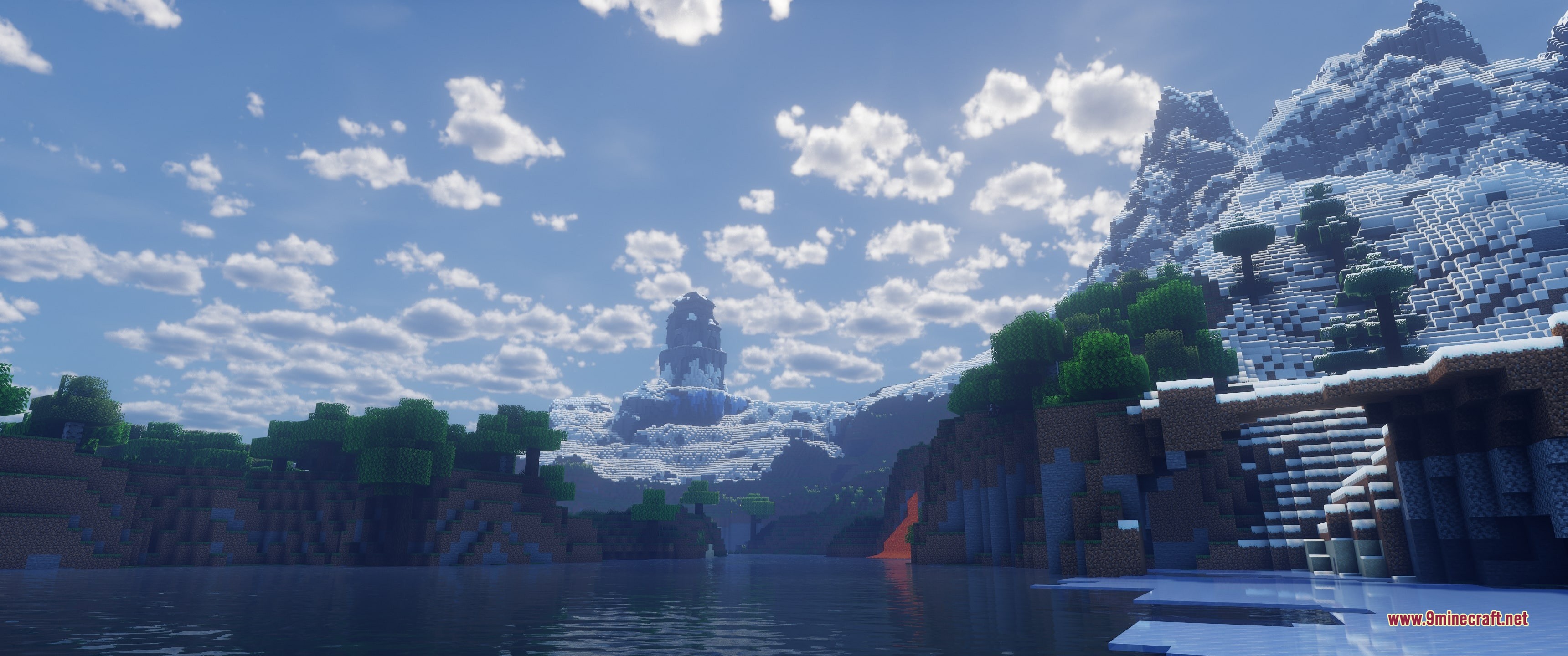 Grim Kingdoms Structures & Ruins Data Pack Screenshot 7 A distant stone tower on a snowy mountain peak overlooking a lake