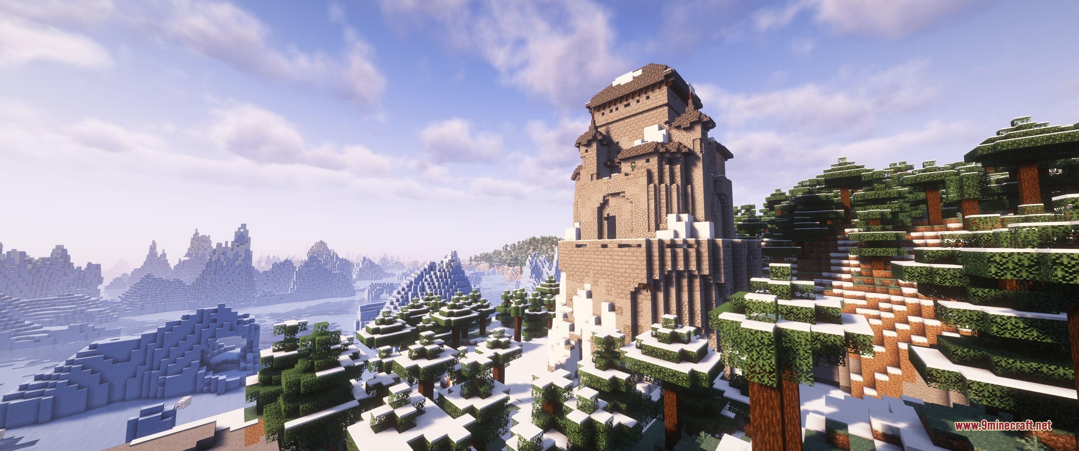 Grim Kingdoms Structures & Ruins Data Pack Screenshot 8 A large medieval stone tower standing in a snowy spruce forest biome