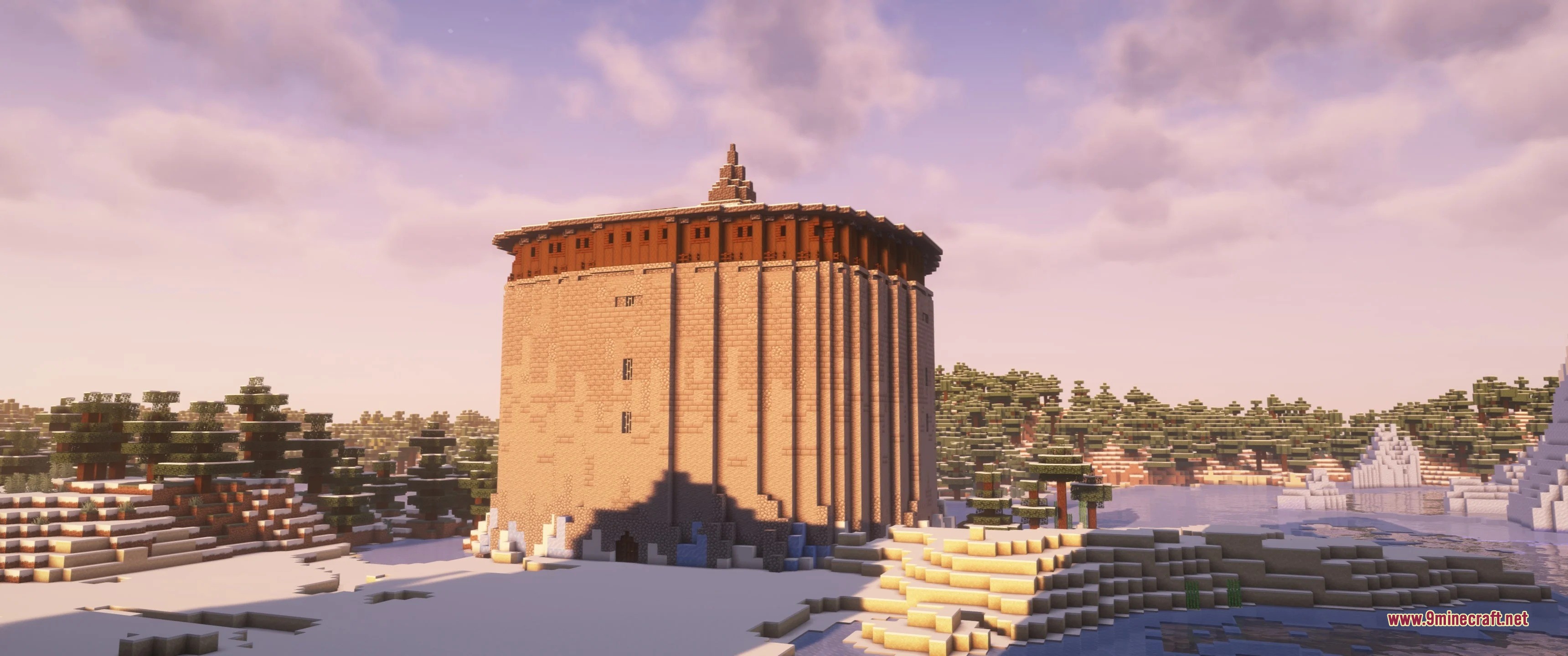 Grim Kingdoms Vanilla Edition Data Pack Screenshot 5 A massive medieval stone citadel stands tall within a snowy Minecraft biome
