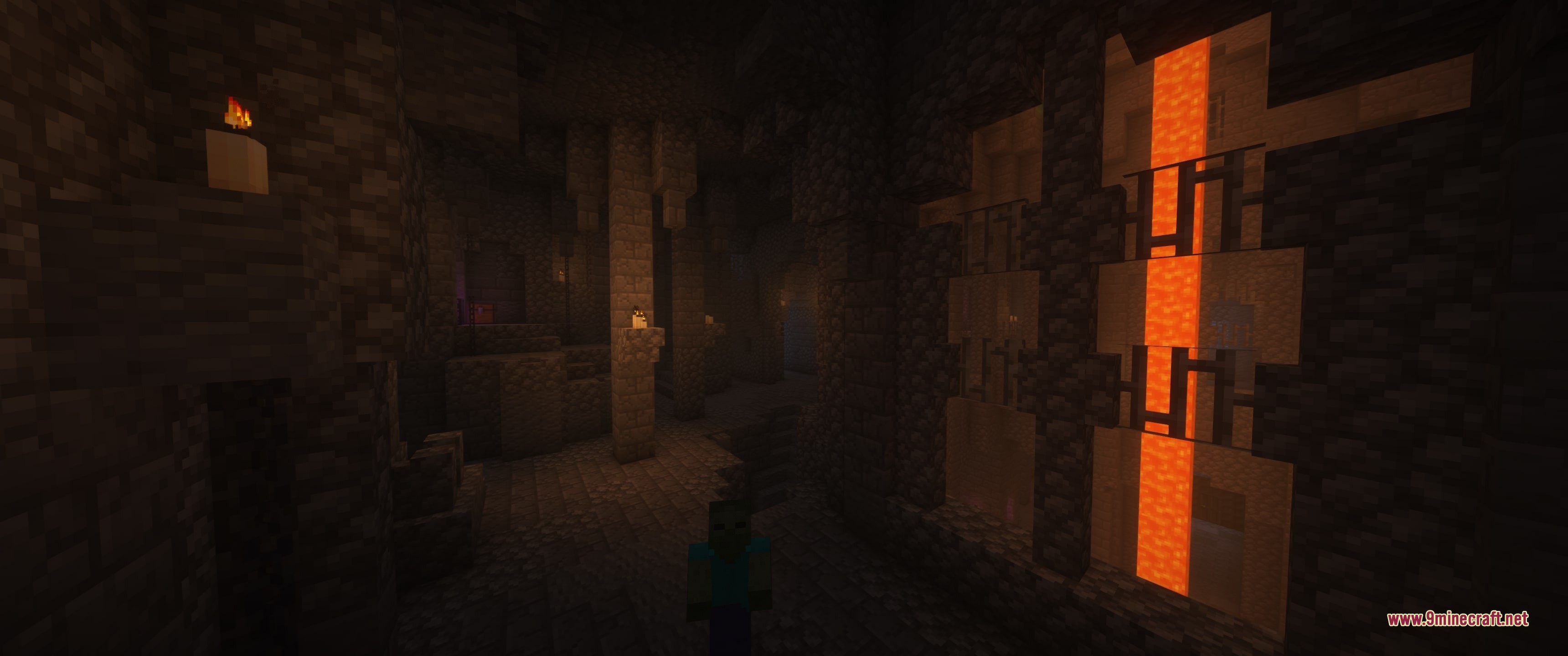 Grim Kingdoms Vanilla Edition Data Pack Screenshot 7 A zombie wanders through a dark dungeon lit by a lava pillar