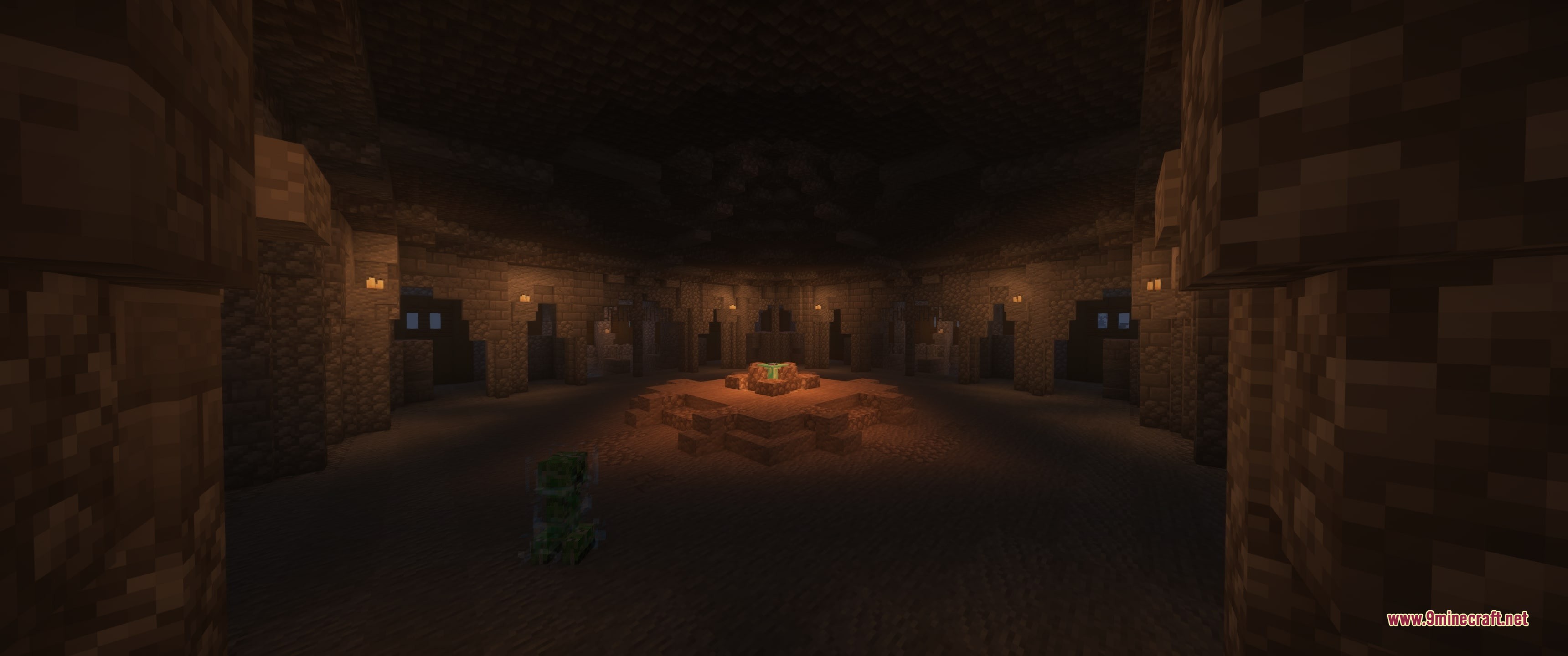 Grim Kingdoms Vanilla Edition Data Pack Screenshot 9 A creeper stands inside a dark circular stone room with a central fire