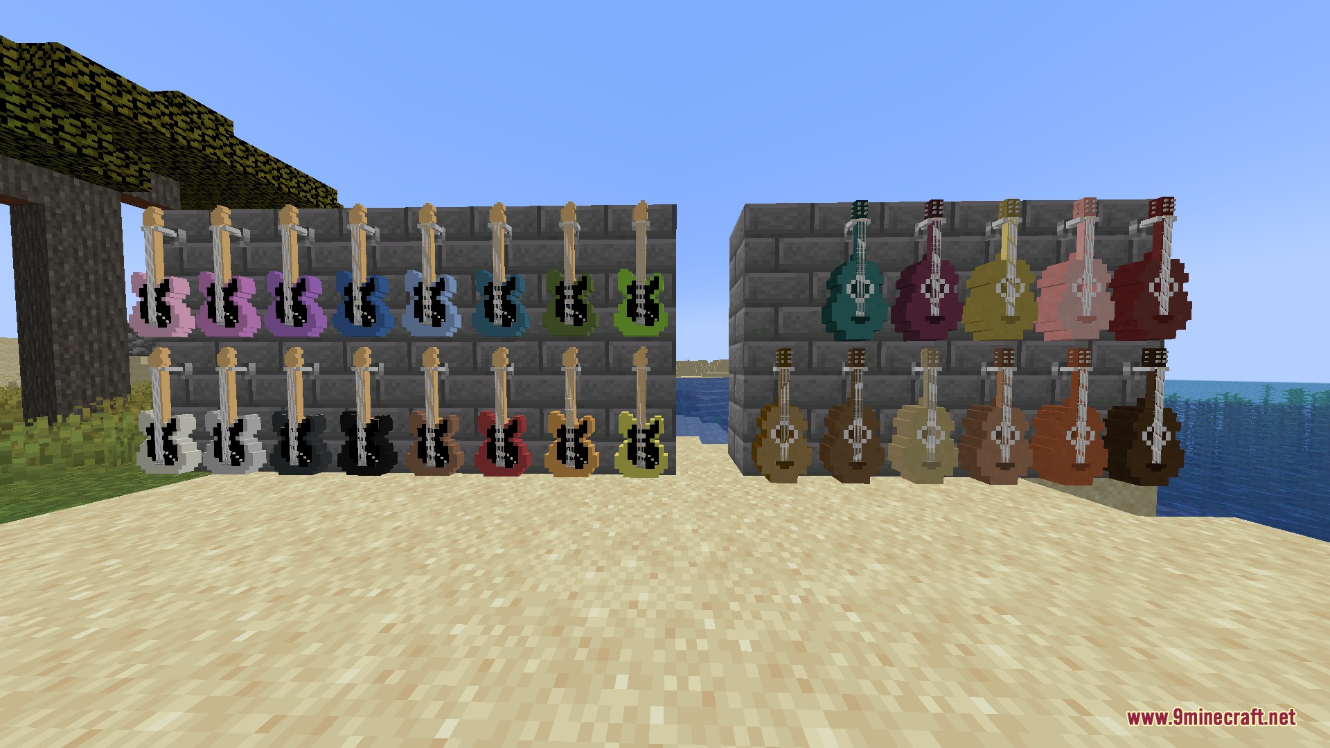 Guitars Mod Screenshot 4 Various colorful guitars displayed on wall hangers against stone brick walls