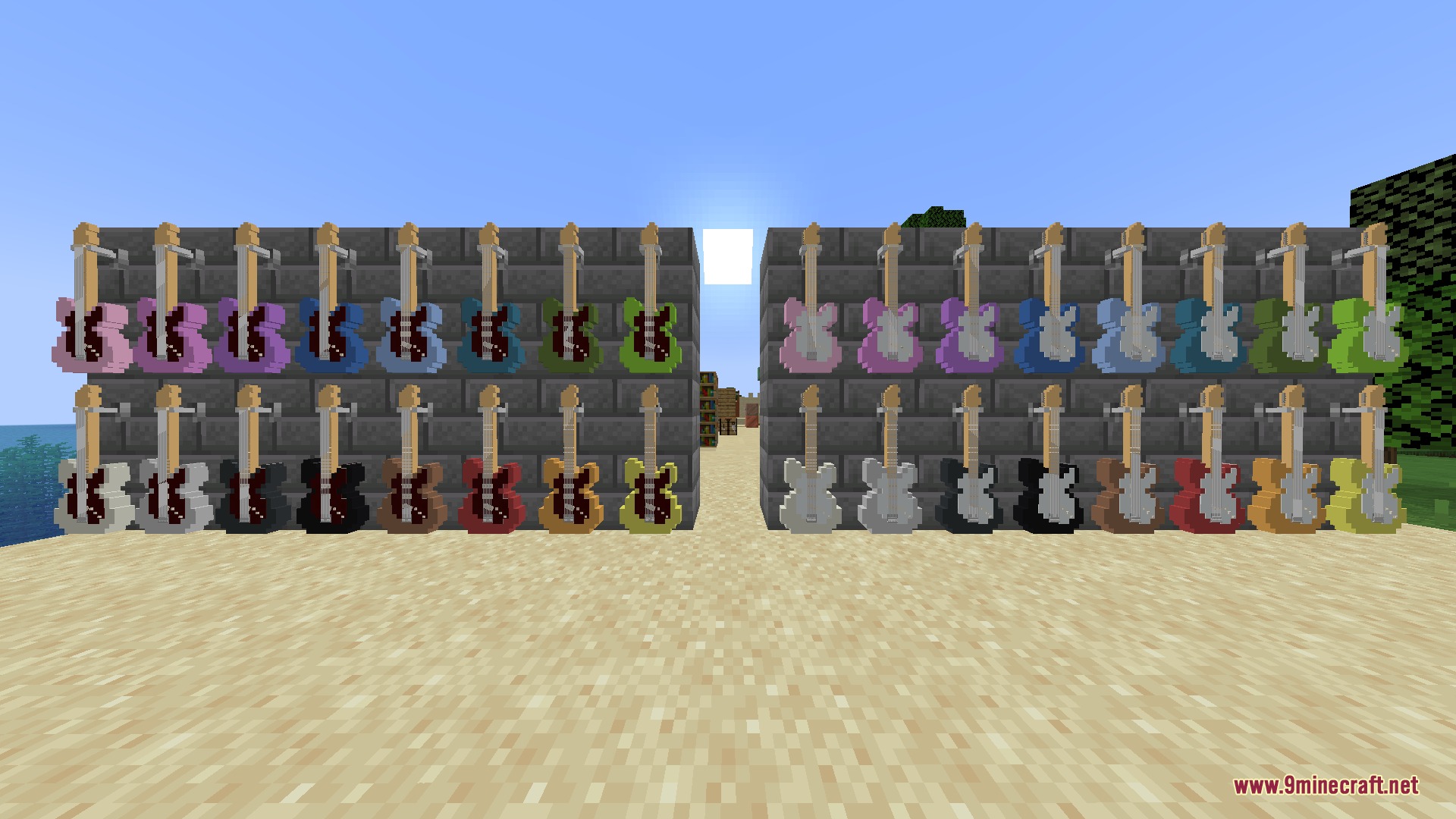 Guitars Mod Screenshot 5 A large collection of colorful guitars displayed on stone brick wall hangers