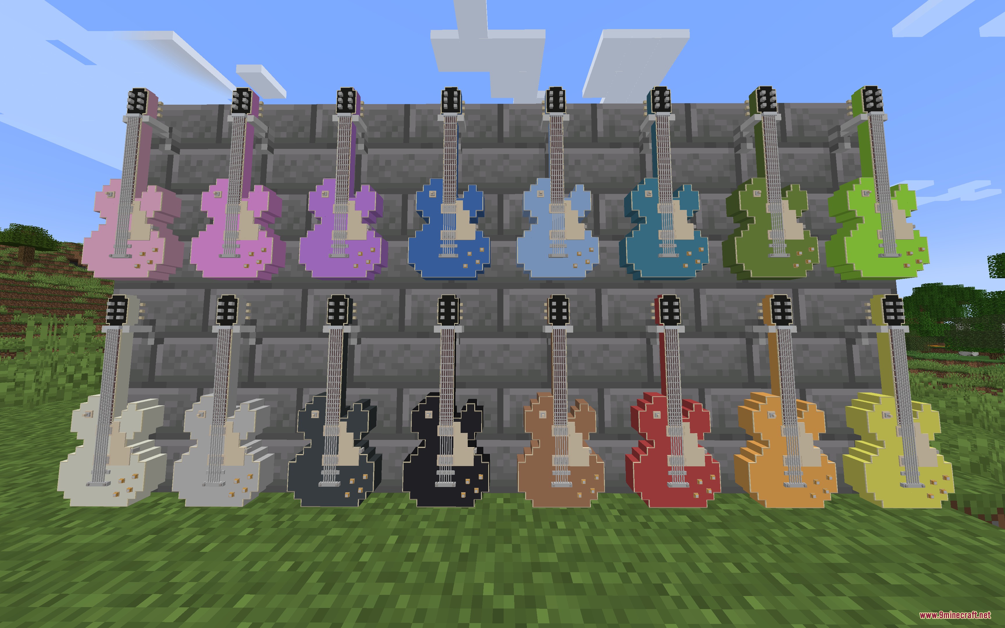 Guitars Mod Screenshot 6 Two rows of vibrant electric guitars mounted on a stone brick wall