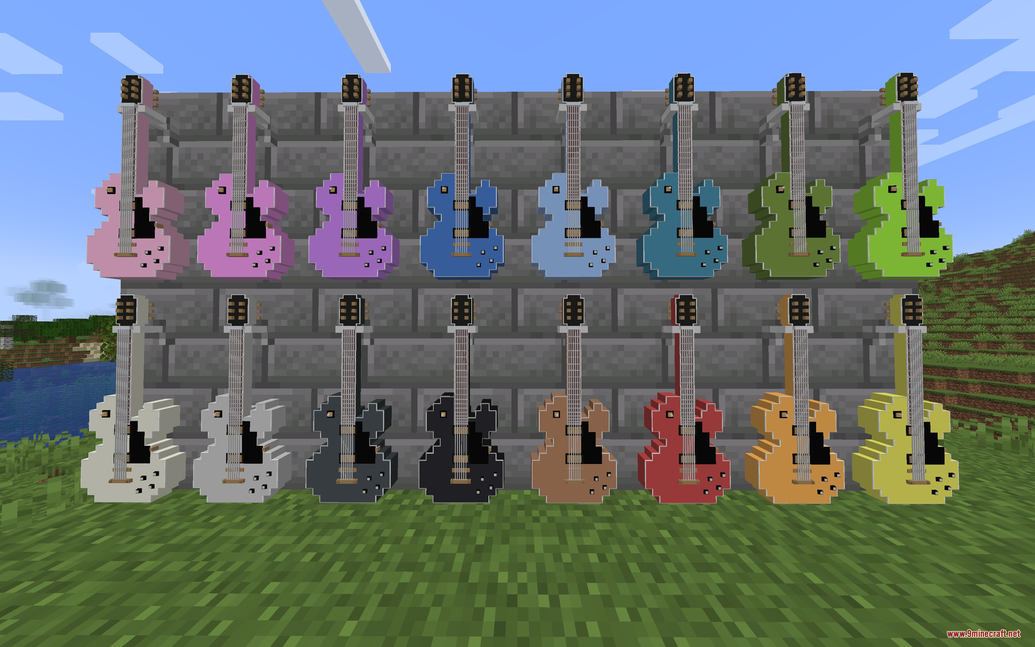 Guitars Mod Screenshot 7 A collection of vibrant electric guitars displayed on a stone brick wall