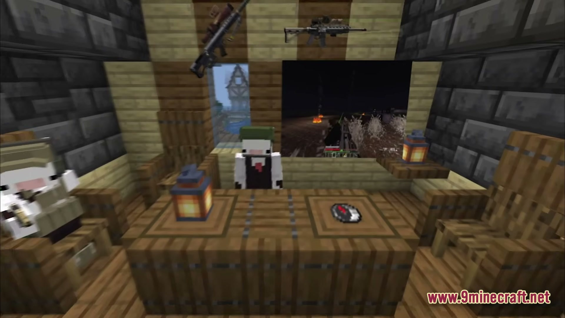 Guns And Poses GAP Modpack Screenshot 1 Two characters sit at a wooden table inside a room decorated with firearms and lanterns