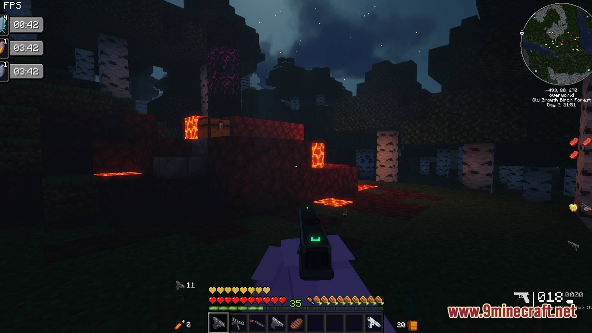 Guns And Poses GAP Modpack Screenshot 10 A player holds a handgun near a ruined portal structure in an old growth birch forest
