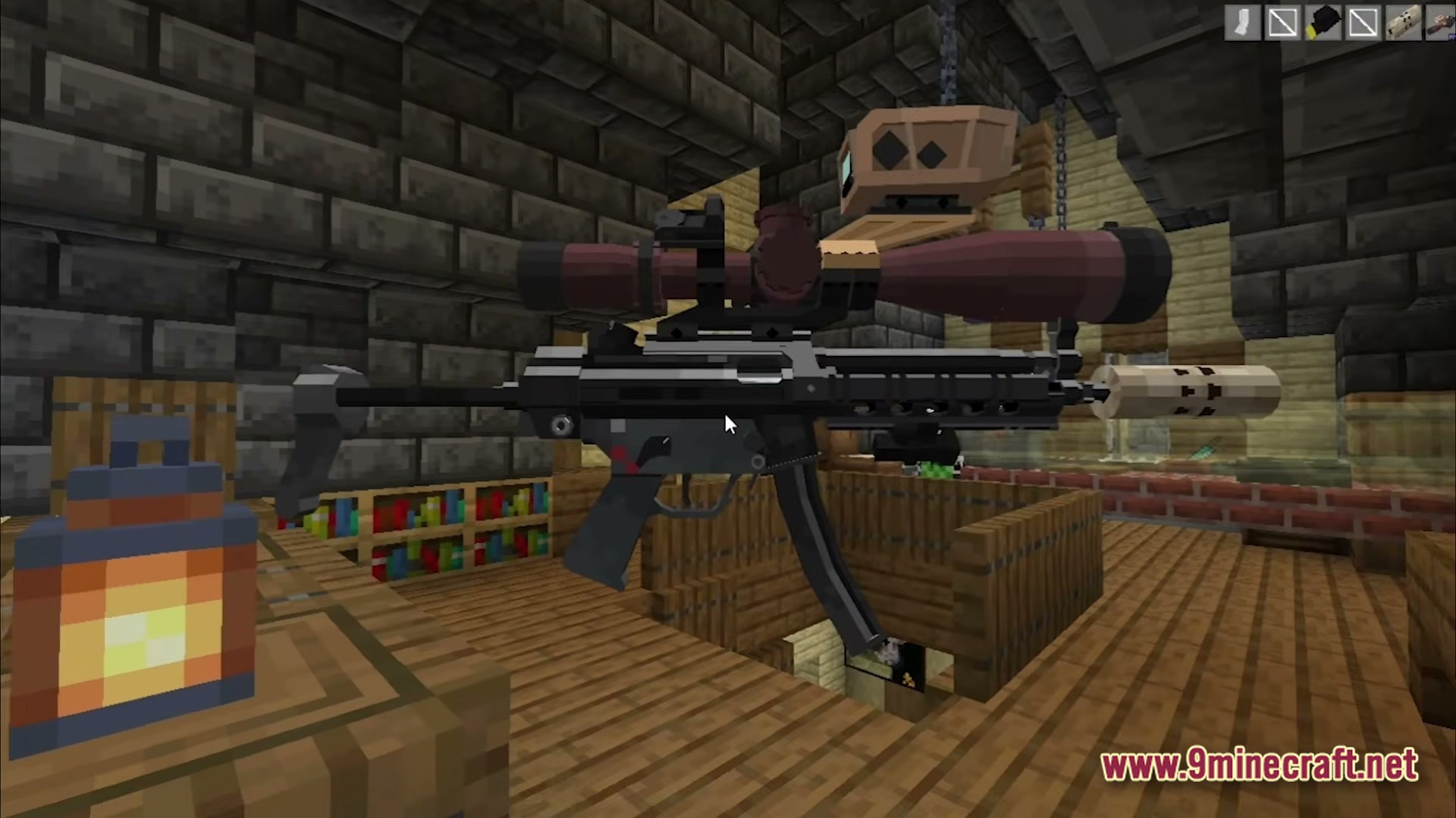 Guns And Poses GAP Modpack Screenshot 2 A customized submachine gun with a large scope and suppressor inside a wooden Minecraft building